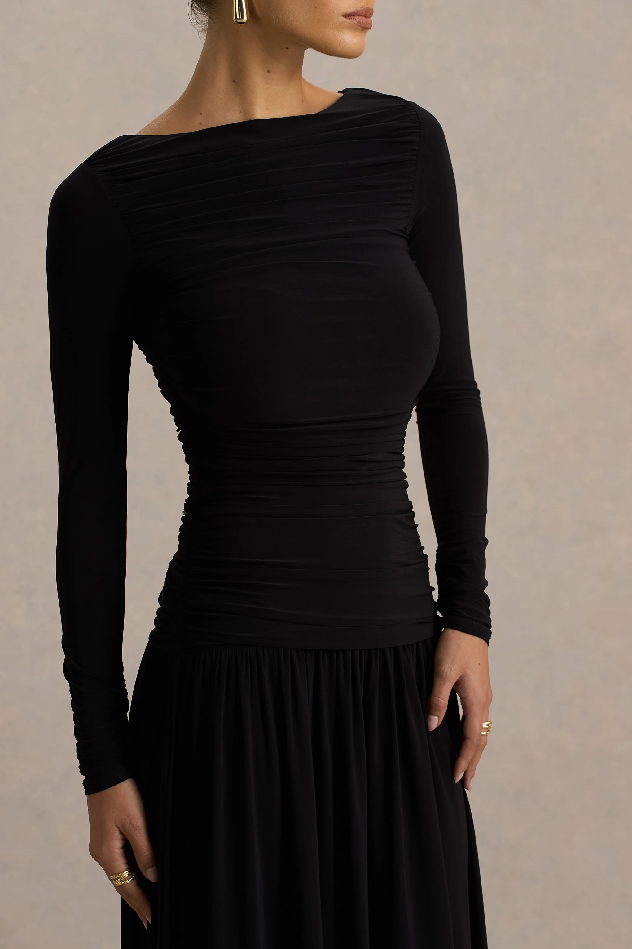 Aniyah | Black High-Neck Maxi Dress With Ruched Detailing