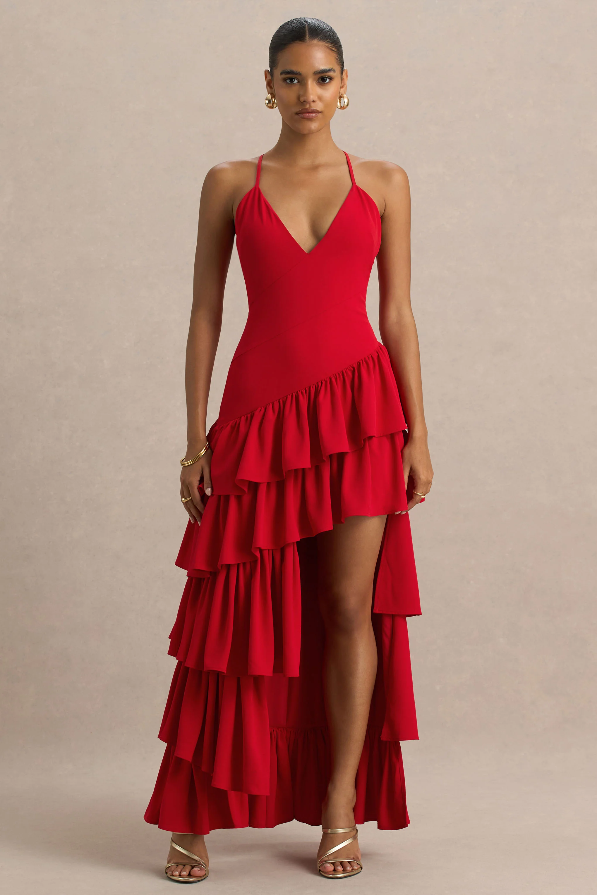Bogota | Red Plunge-Neck Maxi Dress With Ruffling Details And Front High Split