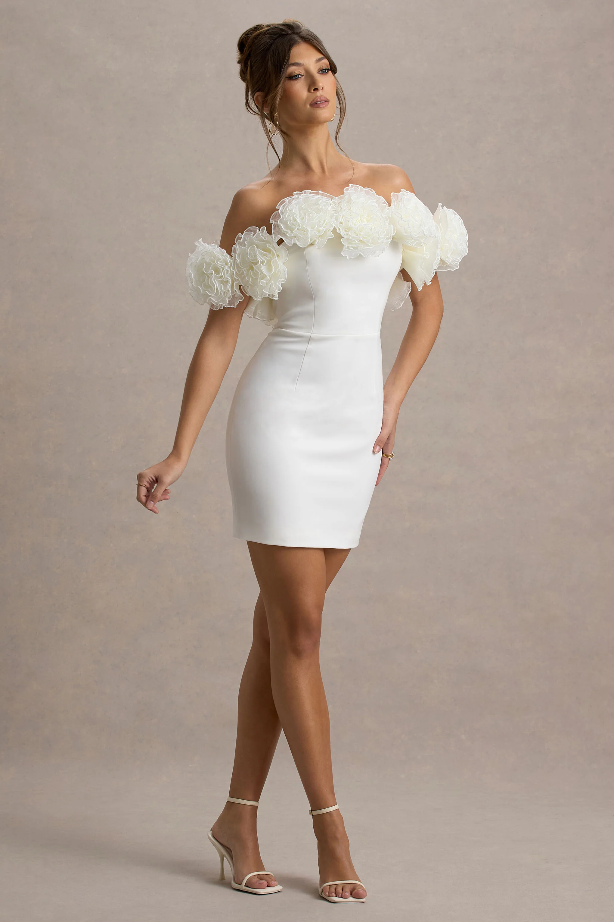 Von | White Bardot Mini Dress With Ruffle Trim