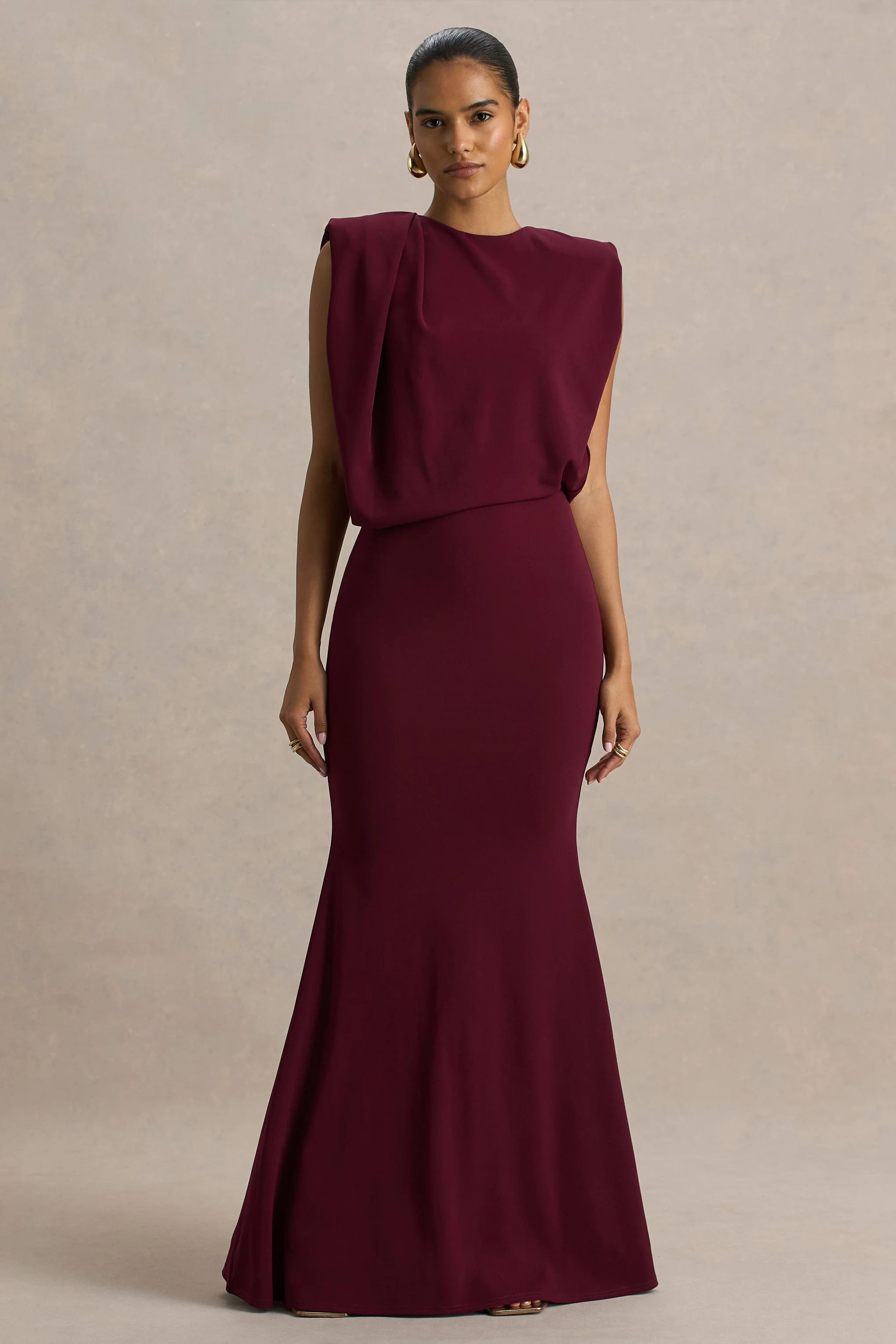 Meave | Burgundy High Neck Maxi Dress With Draping Detail