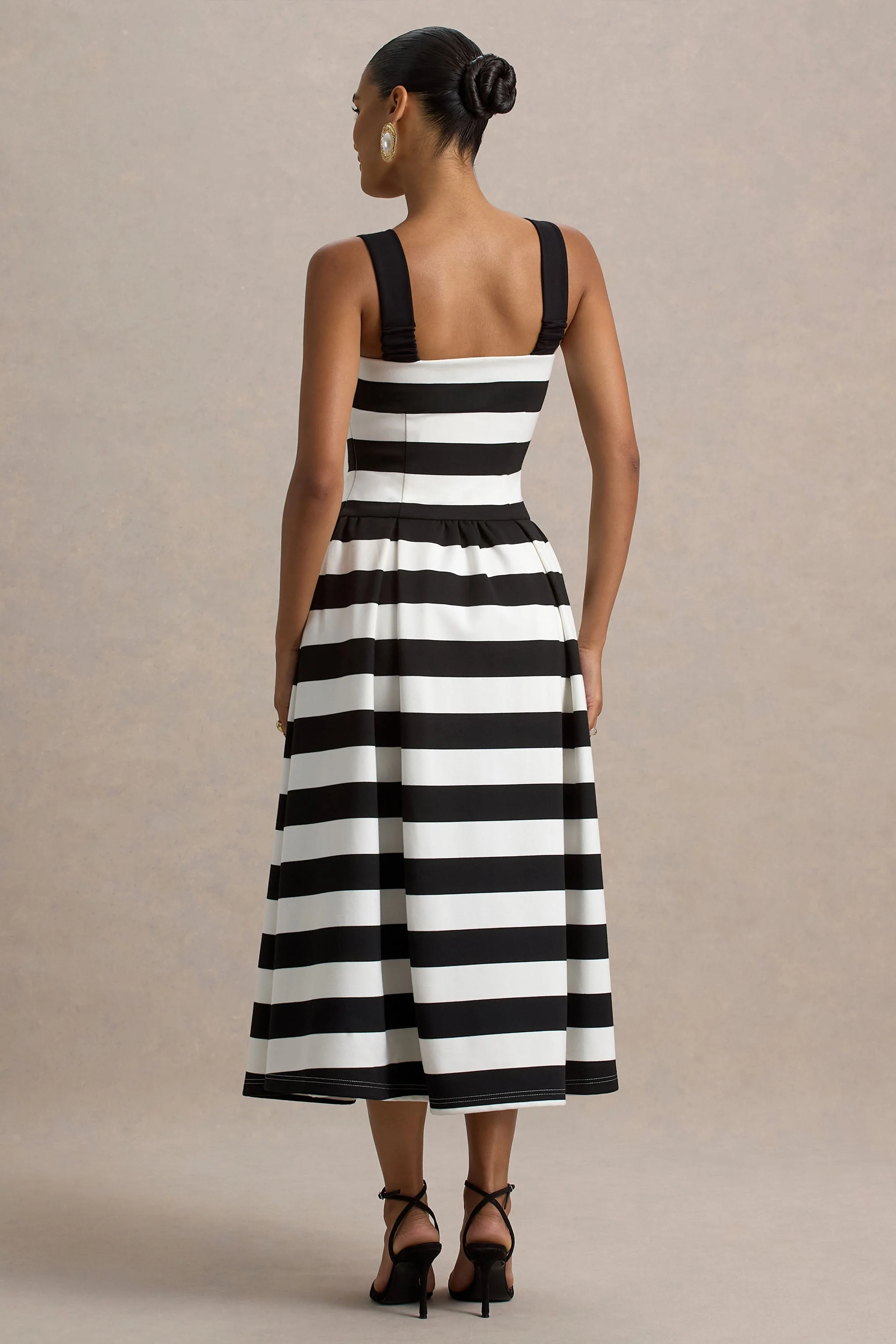 Monte Carlo | Black & White Striped Square-Neck Drop-Waist Midi Dress