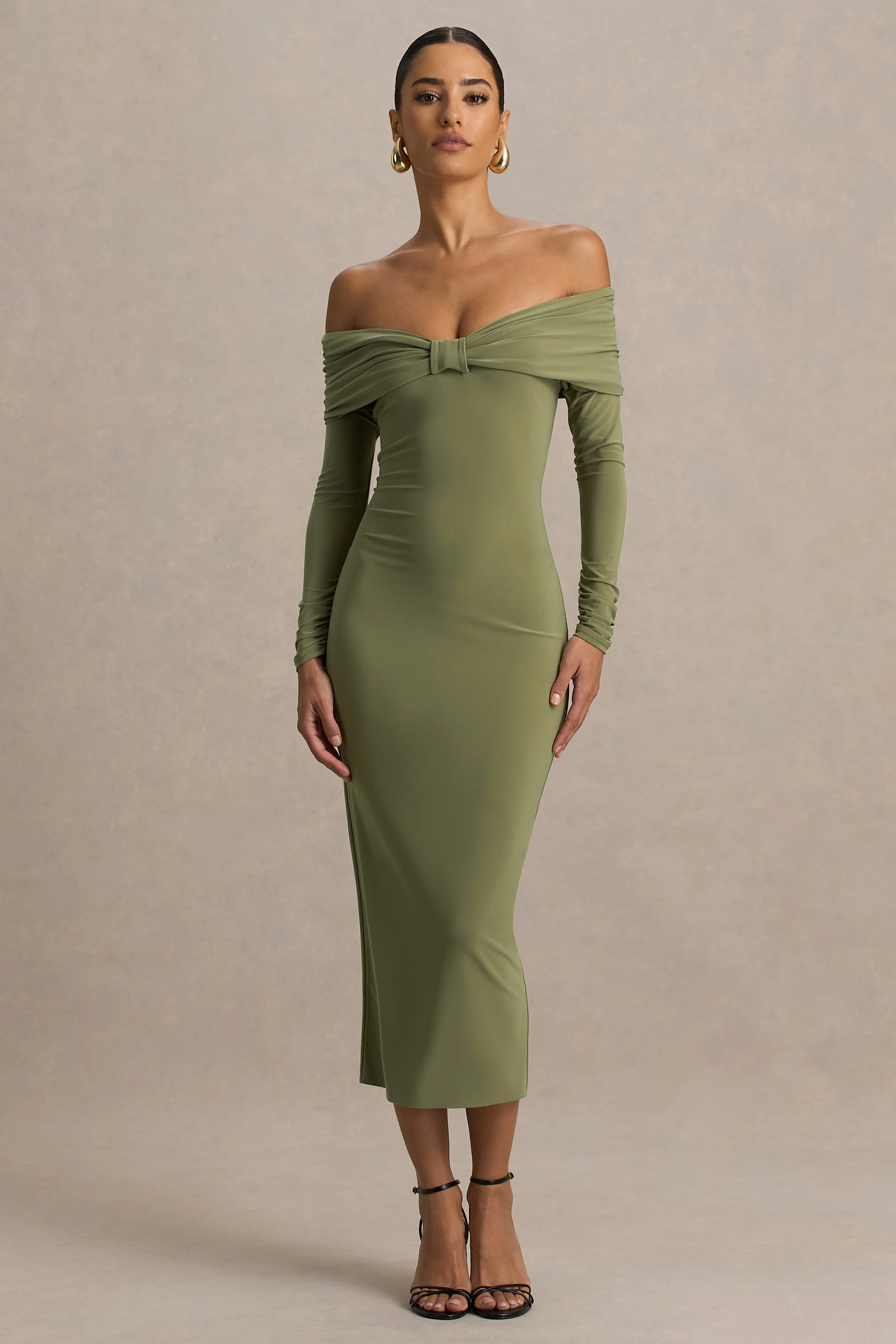 Spark | Olive Bardot-Neck Maxi Dress With Bow Detail