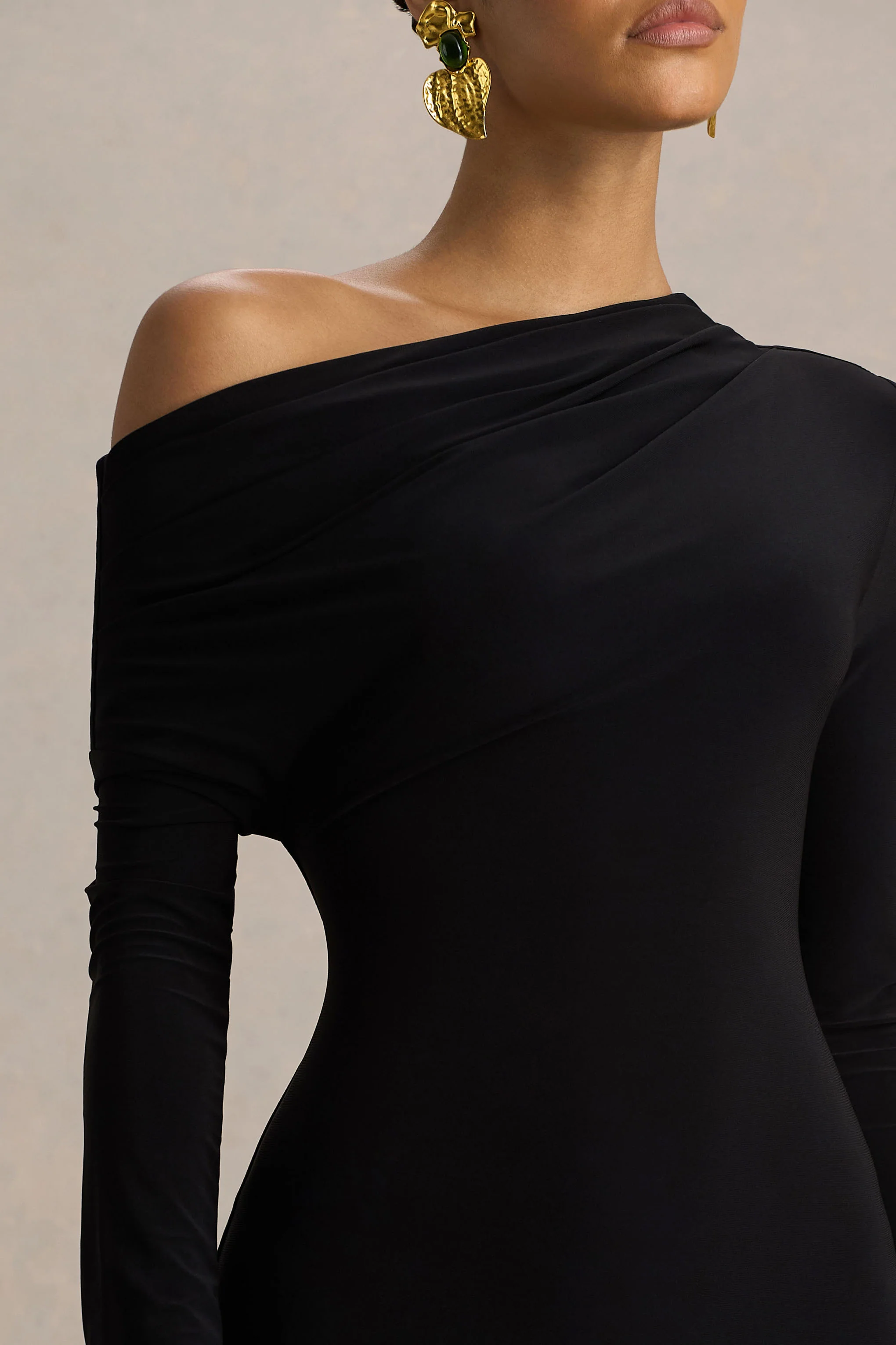 Isola | Black Asymmetric-Neck Midi Dress With Drop-Waist