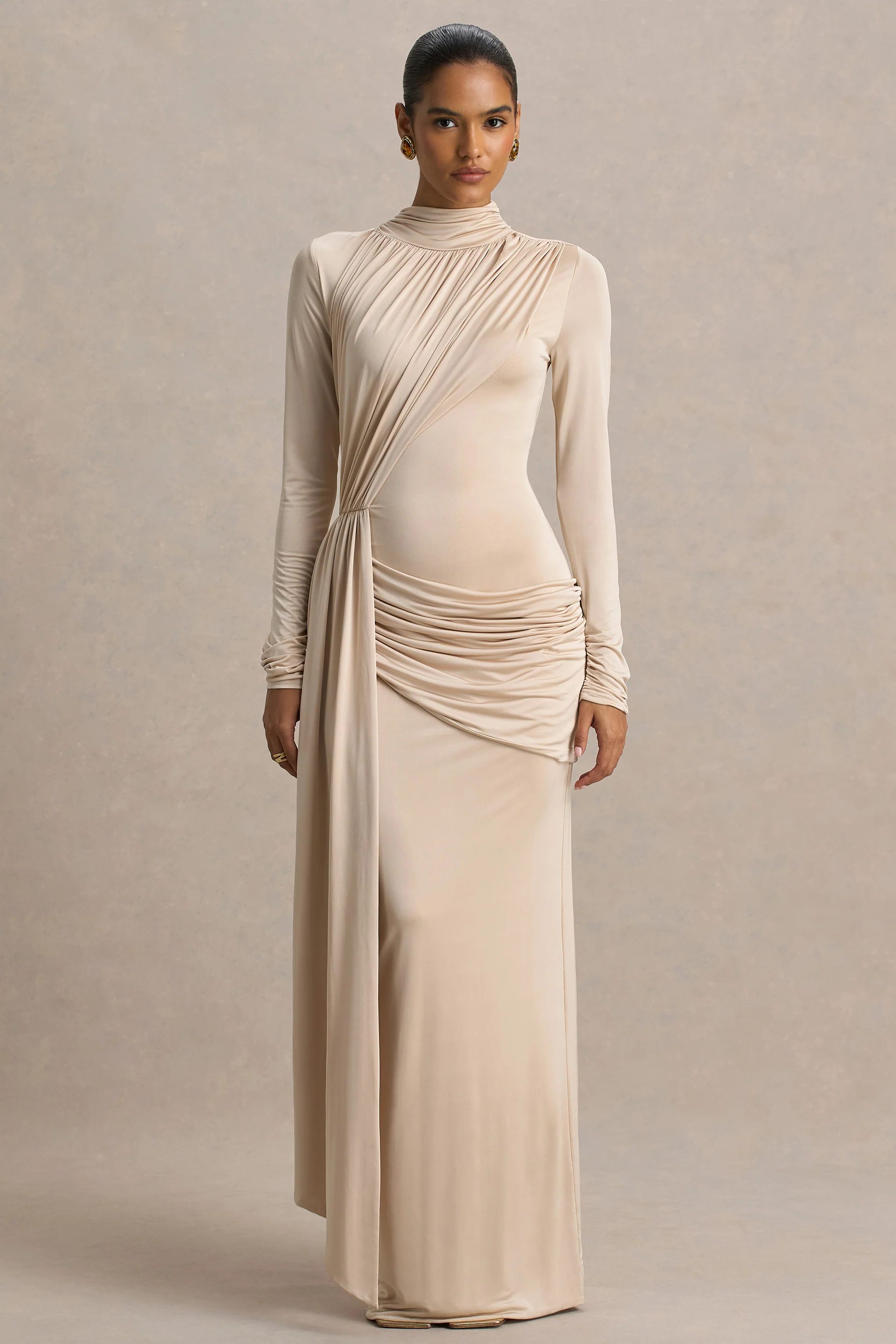 Romi | Champagne High-Neck Maxi Dress With Ruched Detailing
