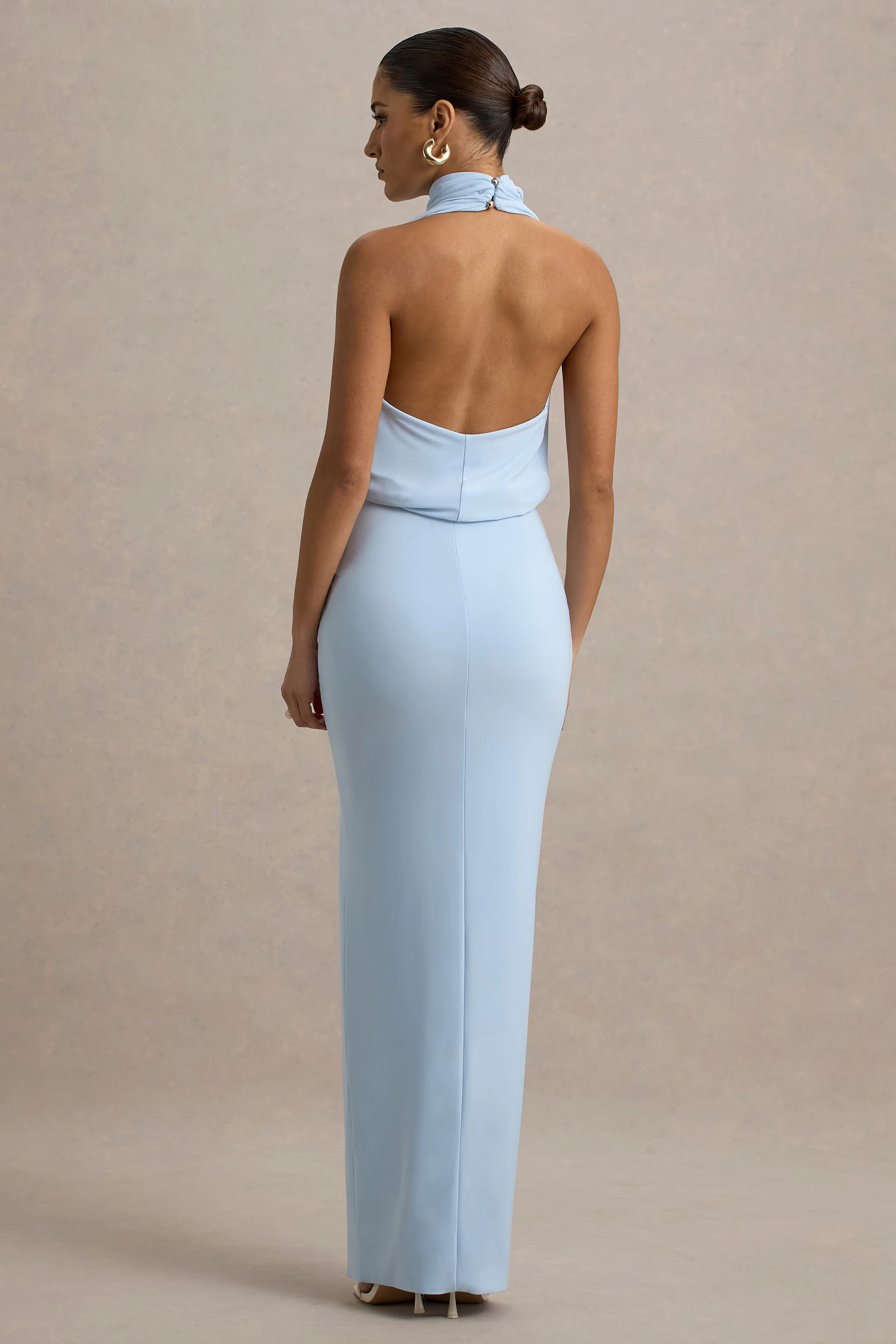 Hayden | Blue High-Neck Draped Split Maxi Dress