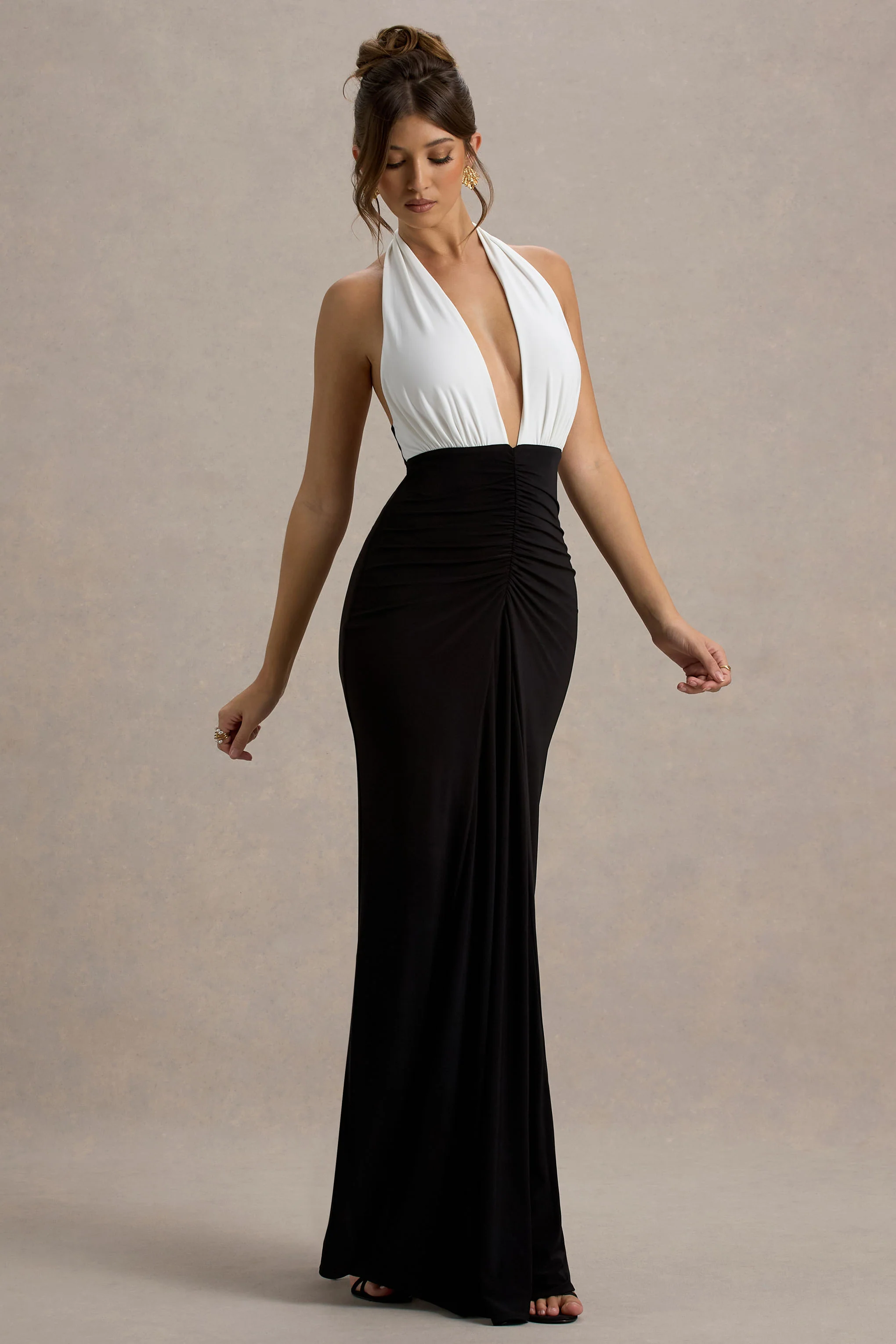 Payton | Black & White Ruched Halter-Neck Maxi Dress