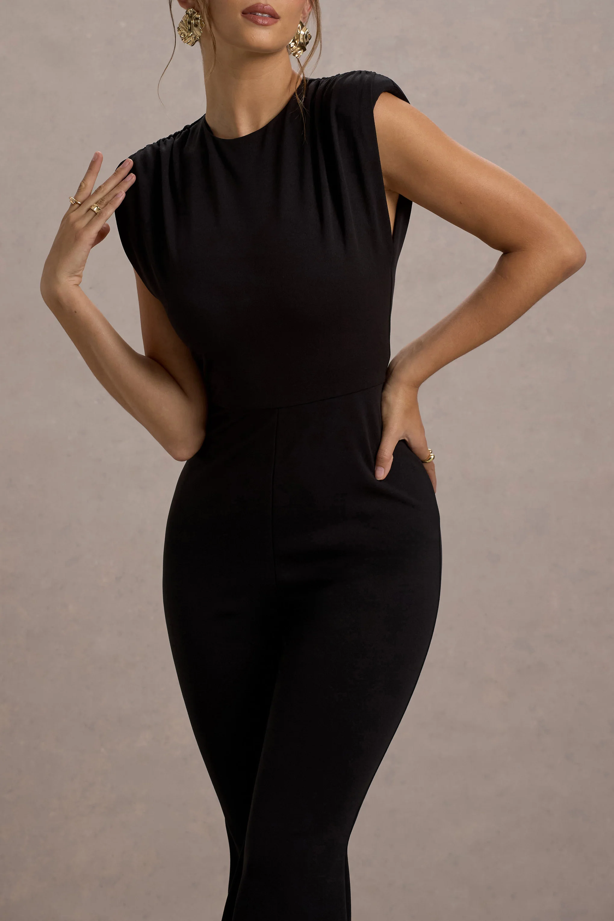 Elyna | Black High-Neck Draped Flared-Leg Jumpsuit