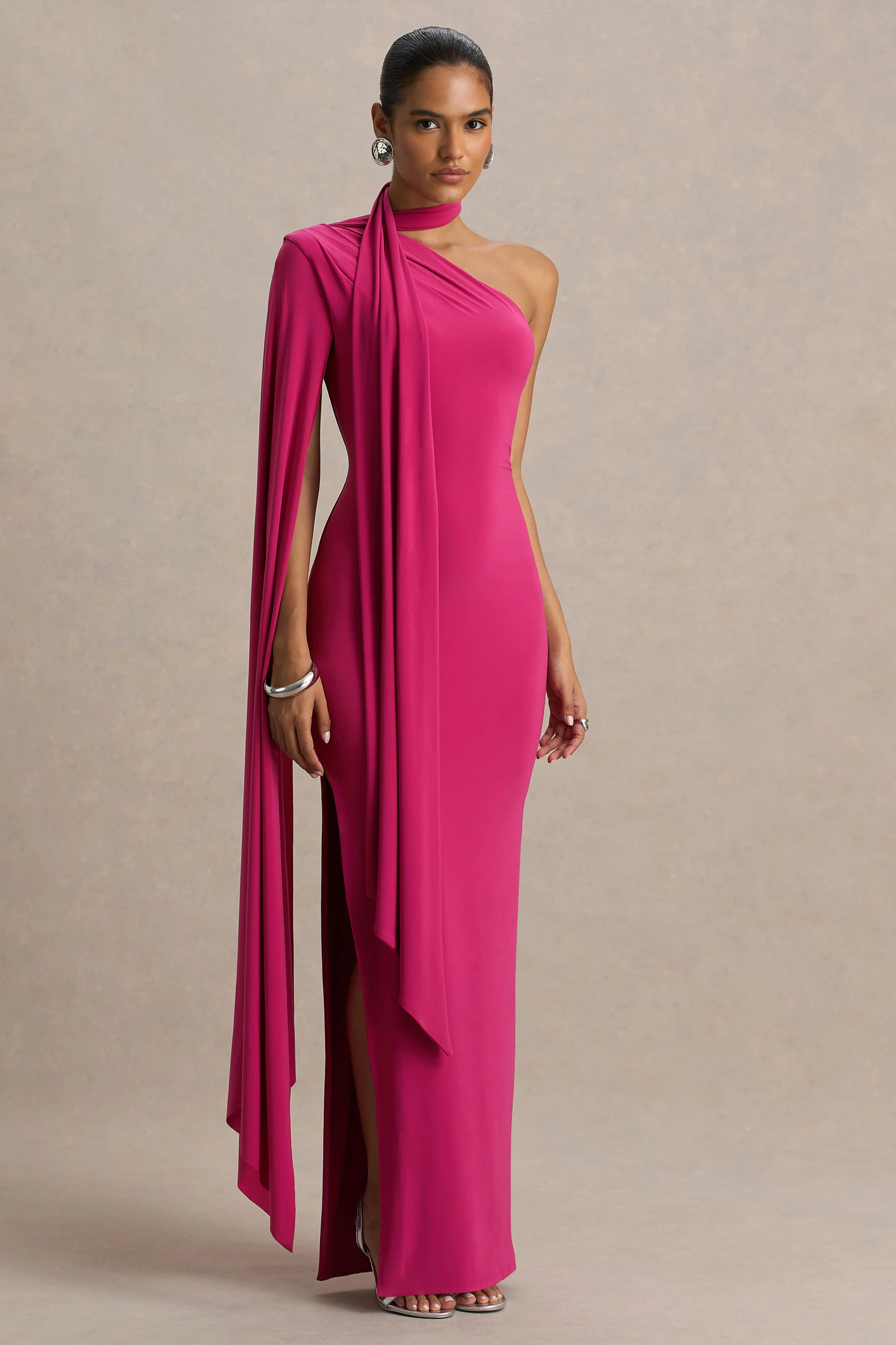 Amal | Hot Pink Asymmetric-Neck Maxi Dress With Scarf and Cape Detail