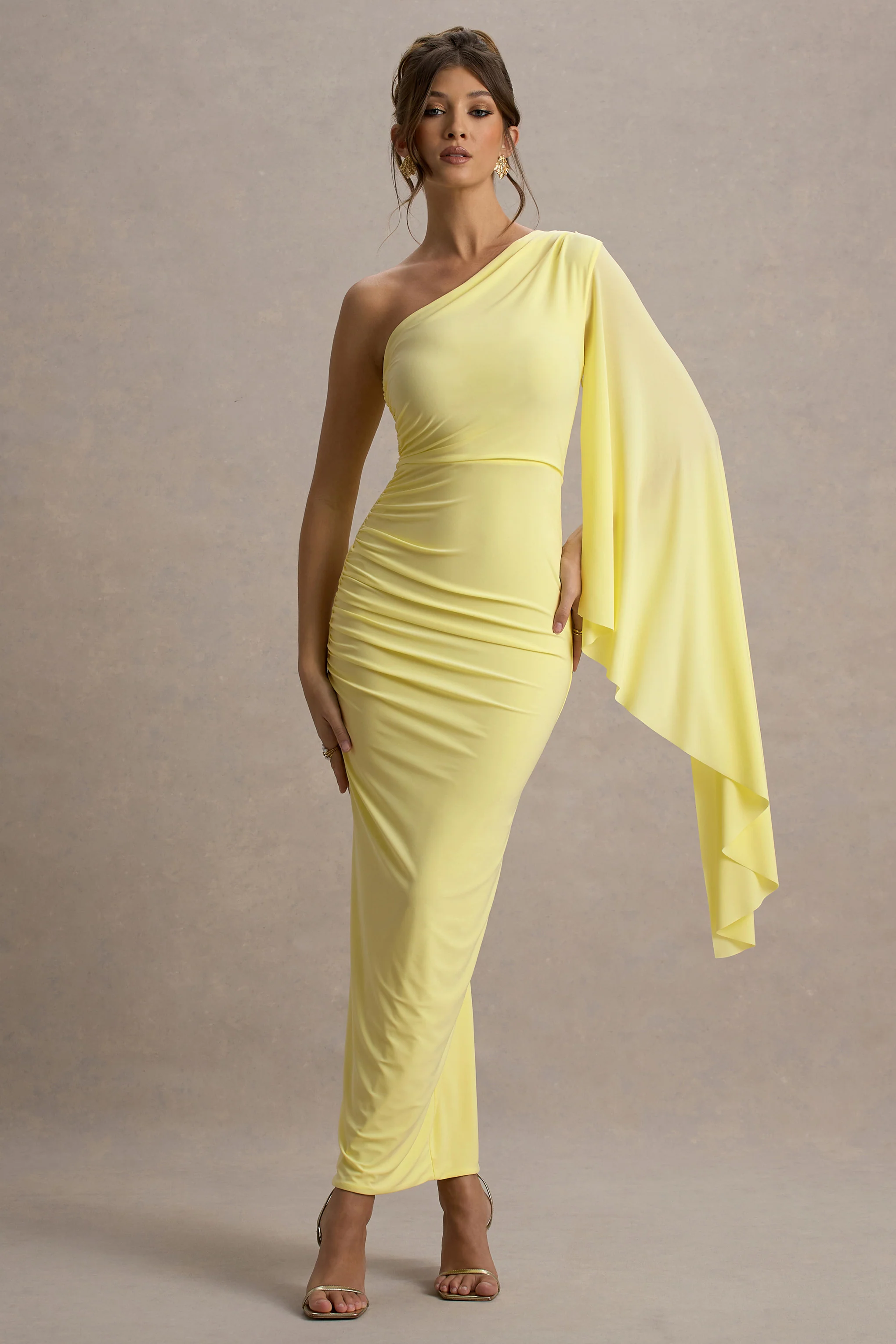 Clementina | Lemon Asymmetric Cape Sleeve Maxi Dress