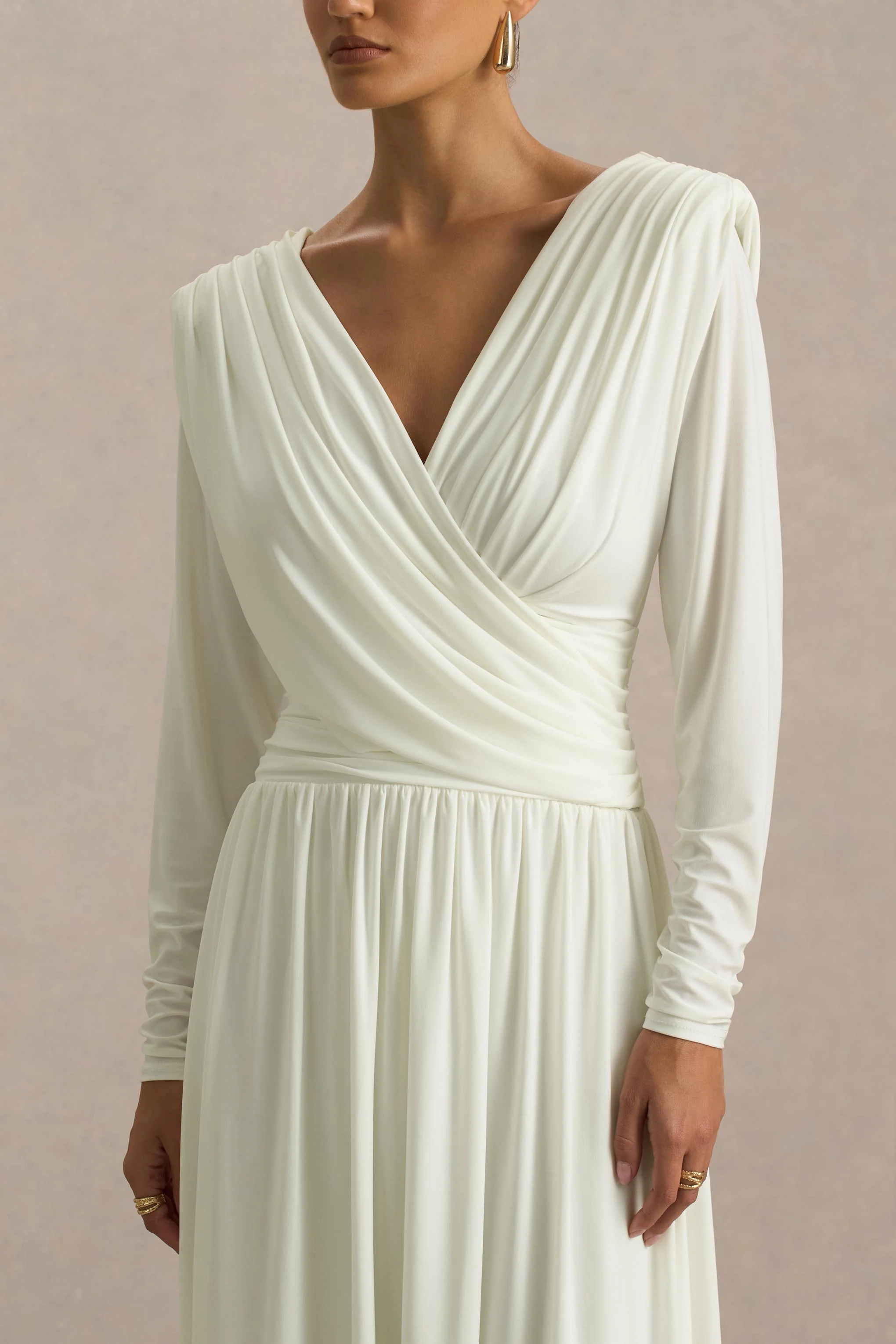 Alexis | Cream Plunge-Neck Midi Dress With Draped And Ruched Detailing