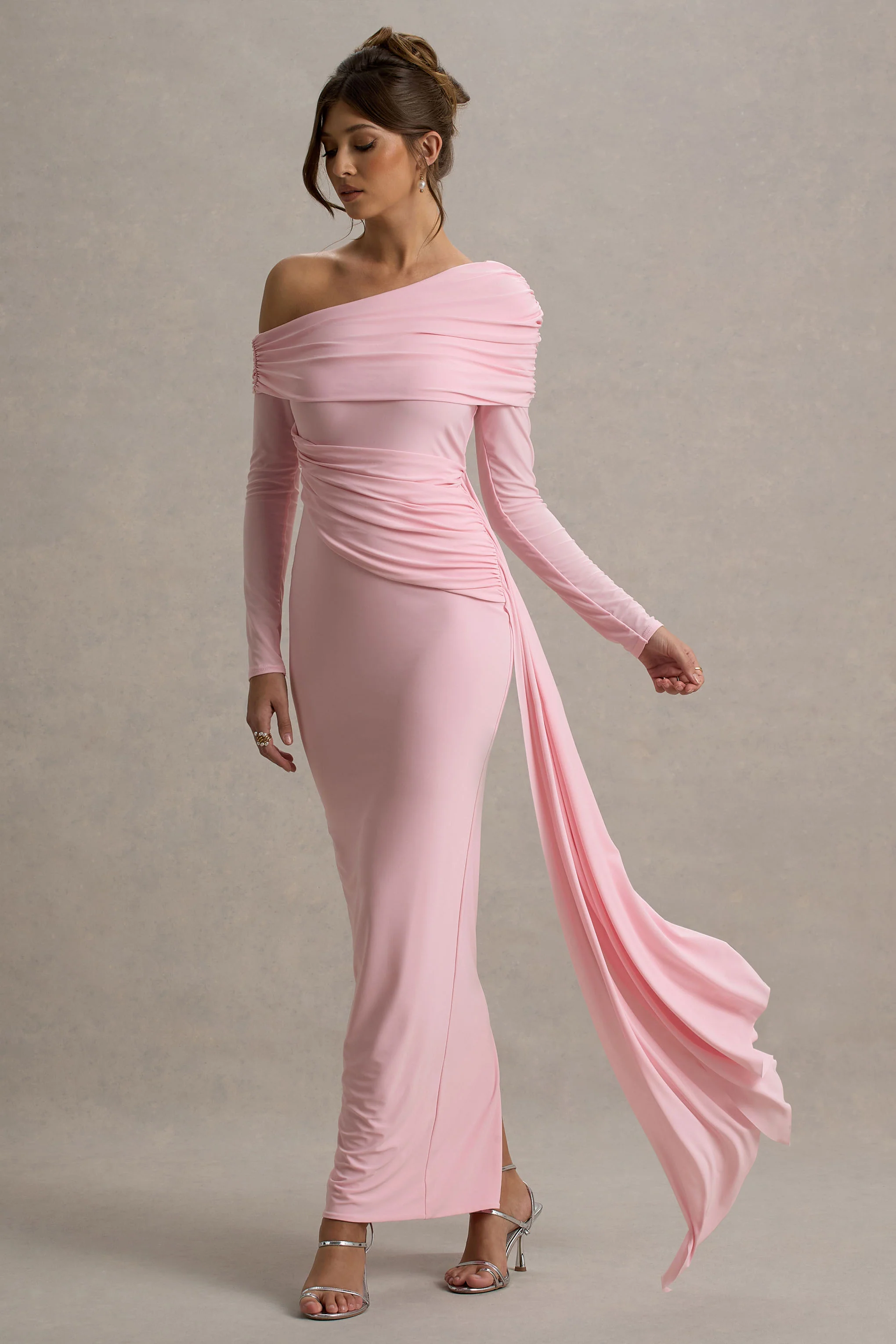 Valina | Pink Ruched Asymmetric Maxi Dress With Drape