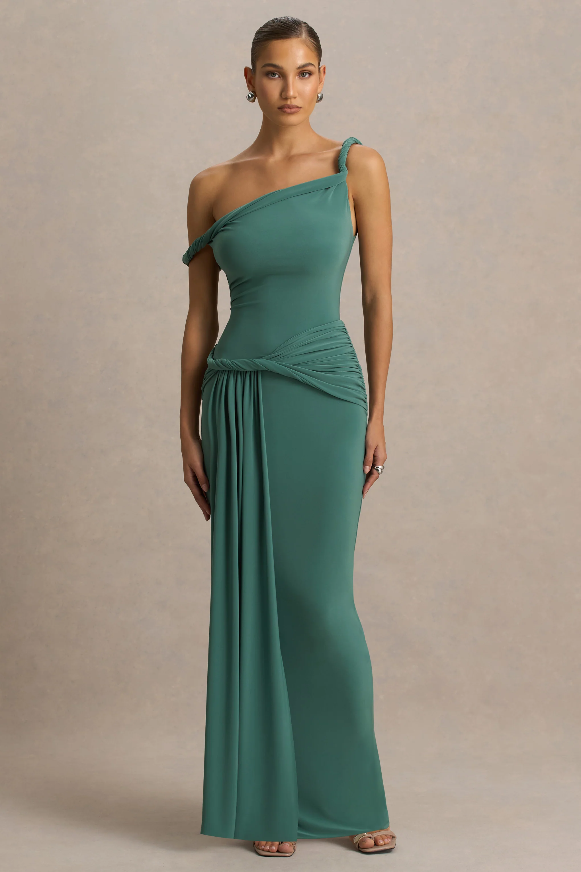 Tulisa | Green Asymmetric-Neck Maxi Dress With Twist Sleeves And Ruched Detailing