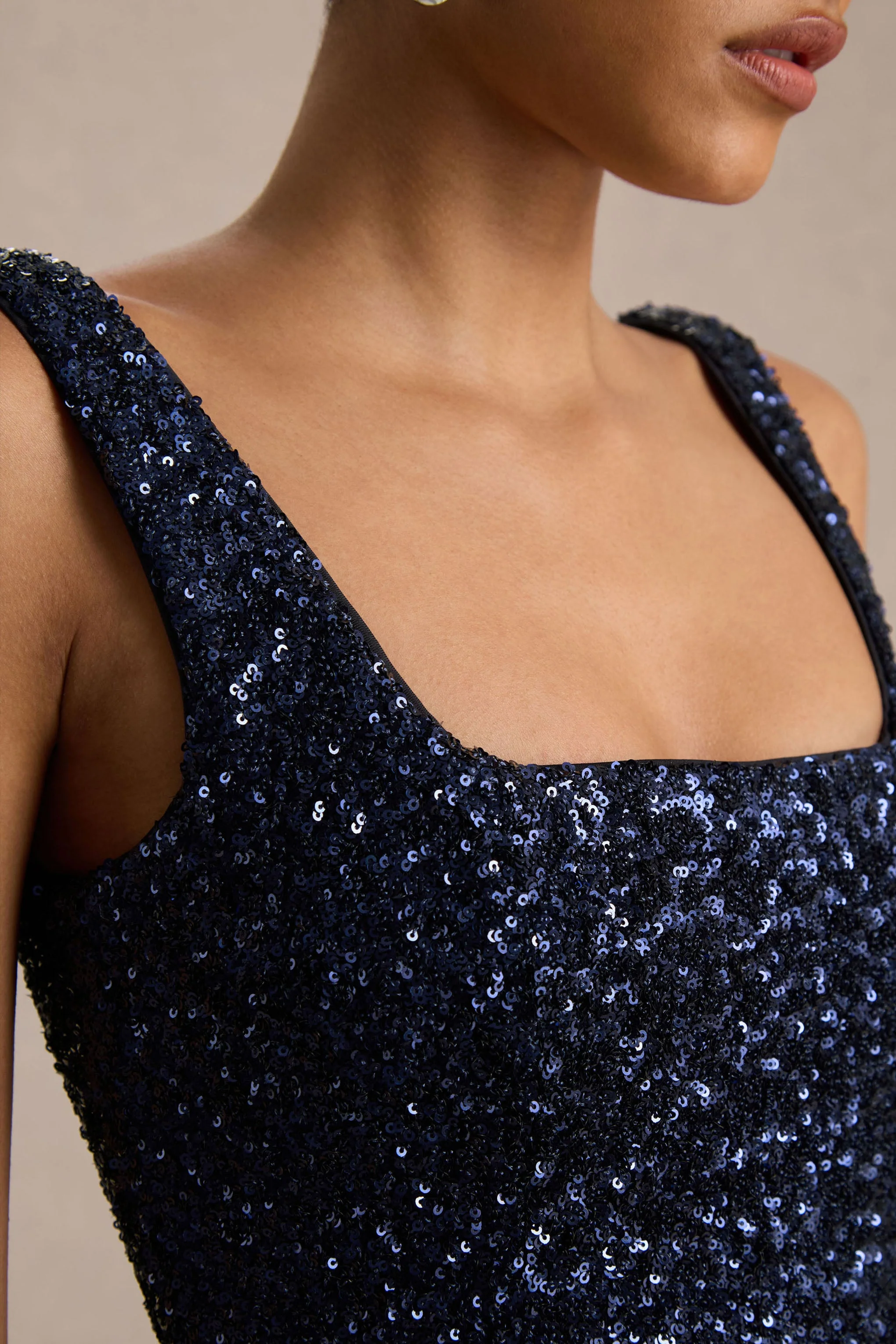 Lima | Navy Sequin Square-Neck A-Line Midi Dress
