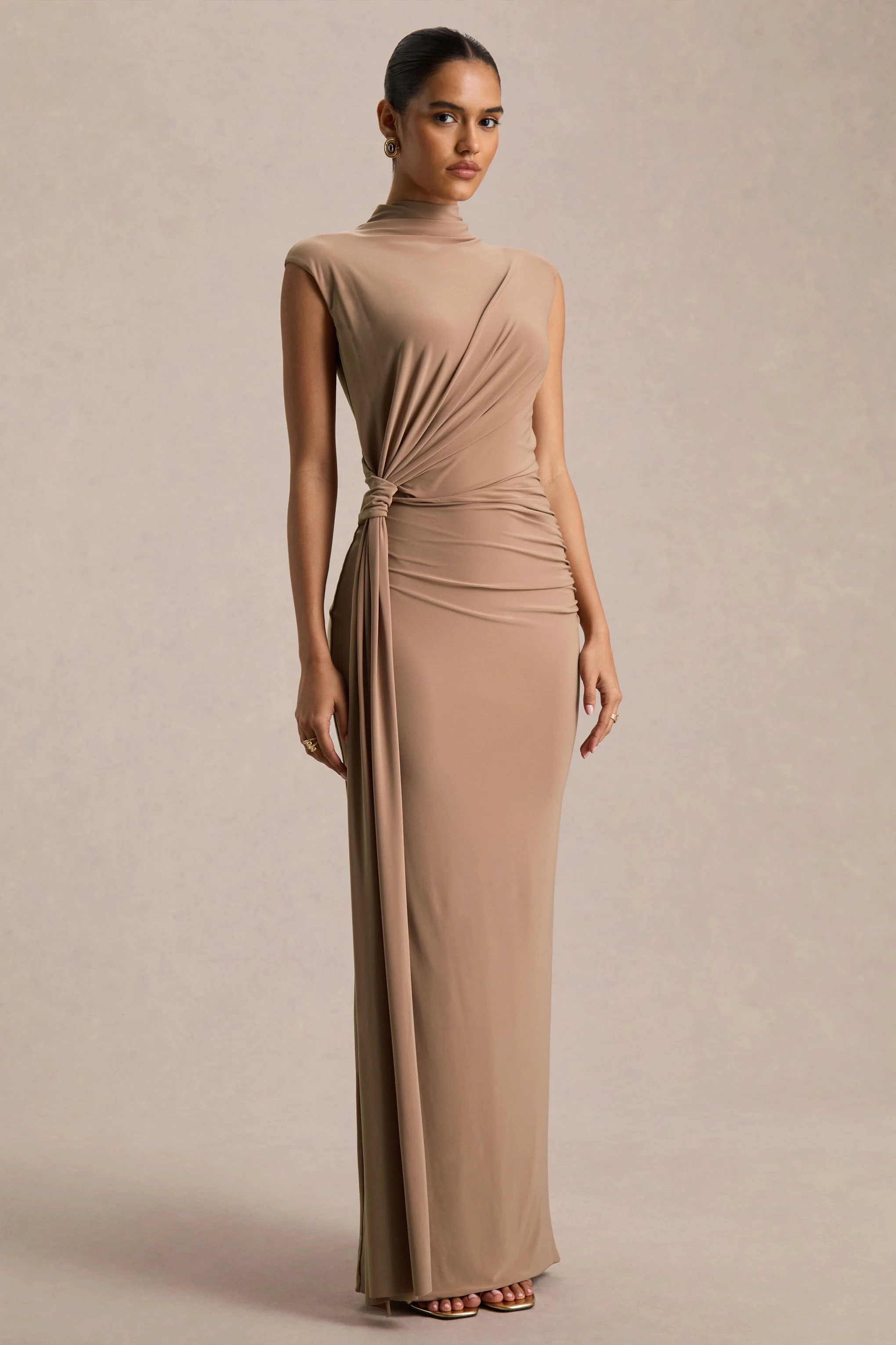 Solene | Brown High-Neck Maxi Dress With Wrap And Drape Detail