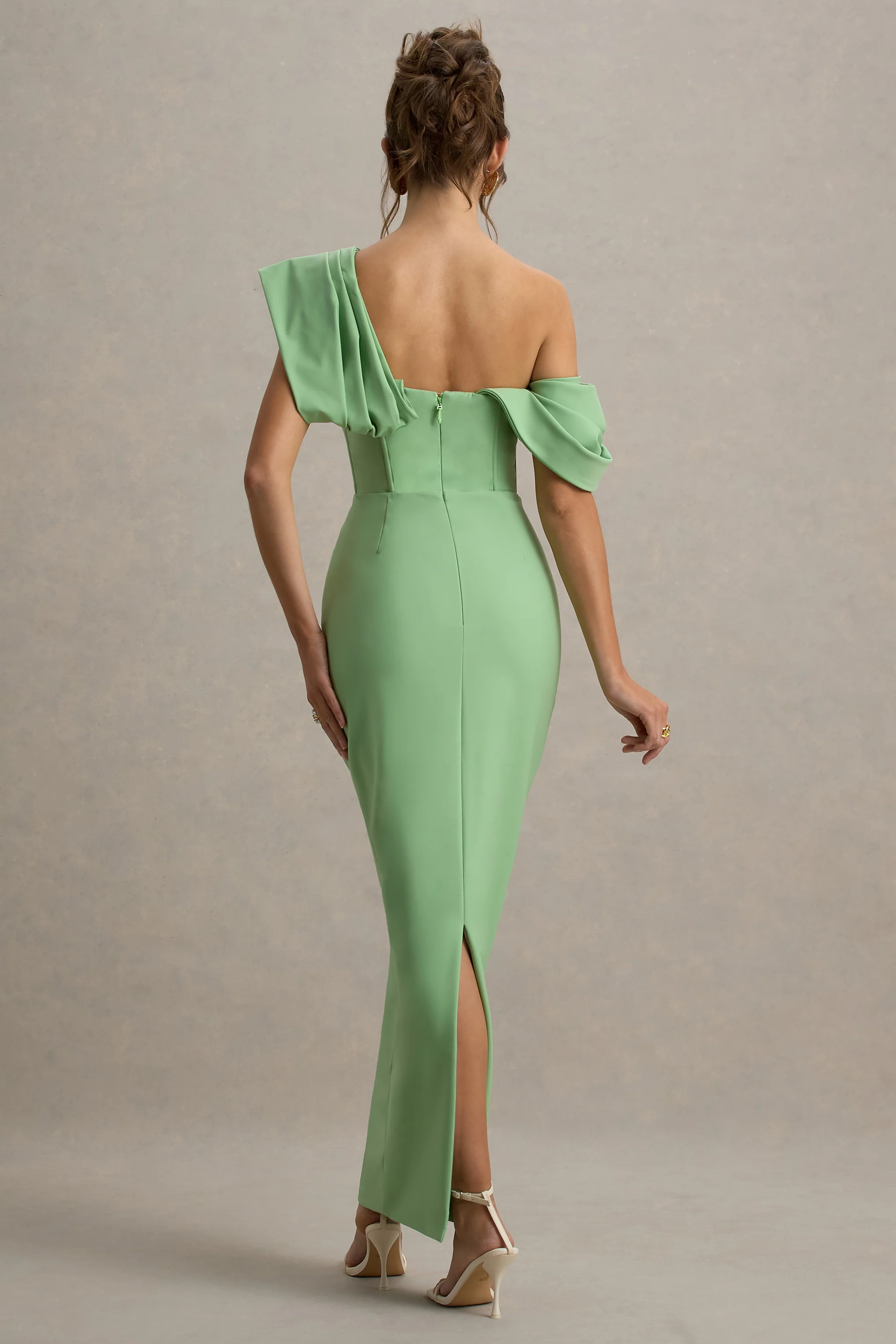 Angelina | Green Draped Shoulder Maxi Dress