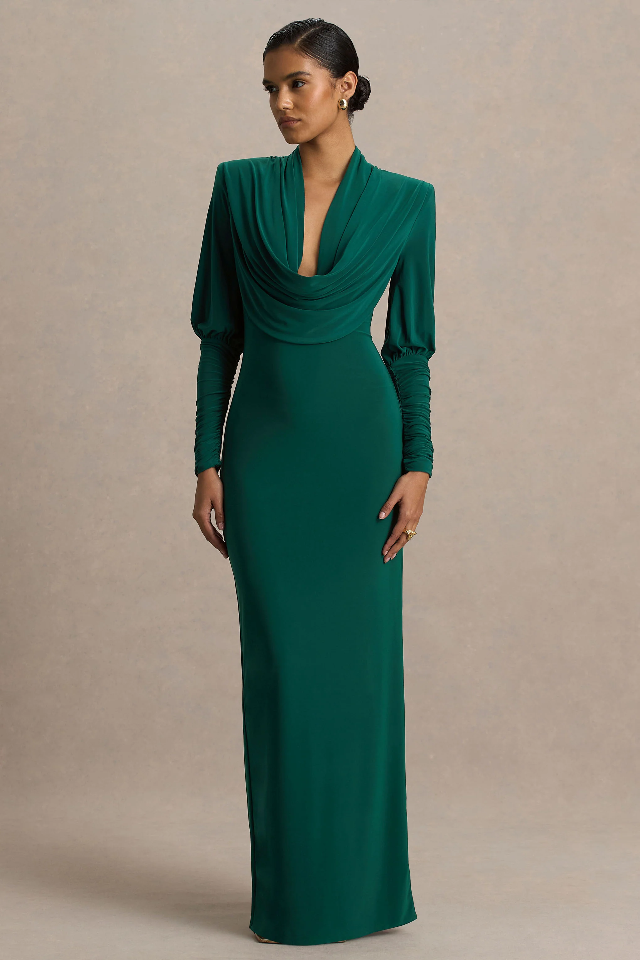 Kaylee | Bottle Green Cowl-Neck Maxi Dress With Draping Details