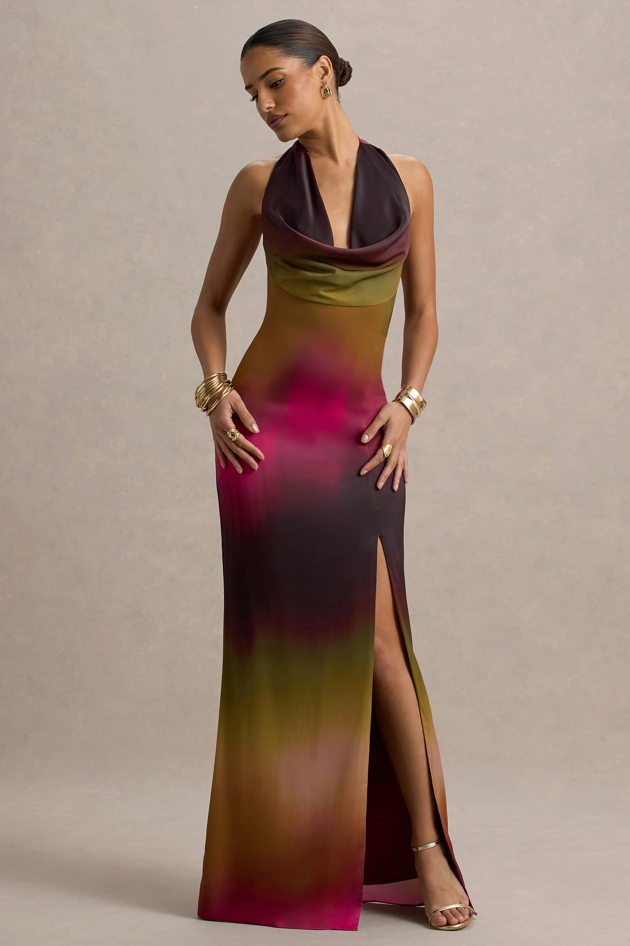 Fiorella | Ombre Print Cowl-Neck Split Maxi Dress