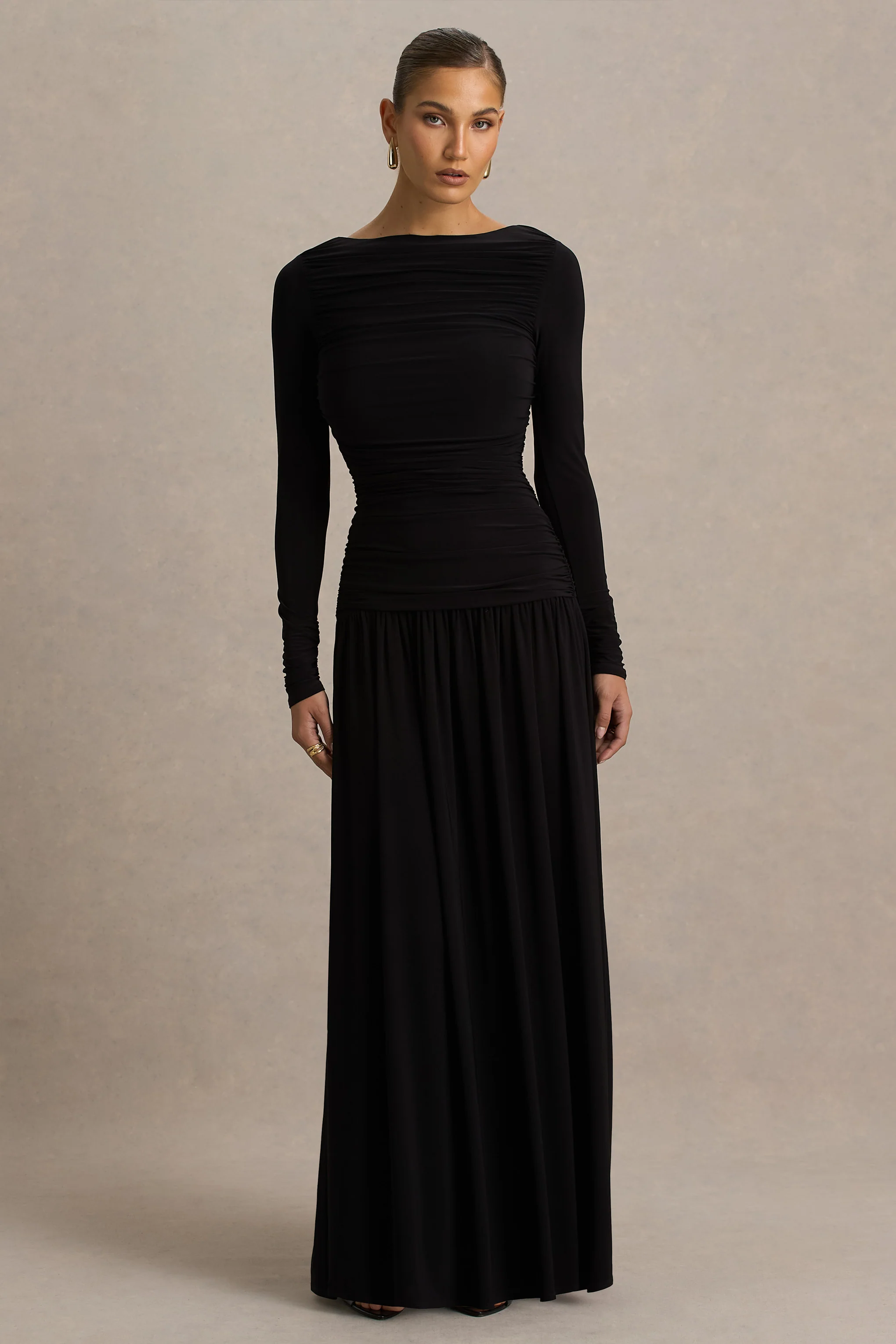 Aniyah | Black High-Neck Maxi Dress With Ruched Detailing