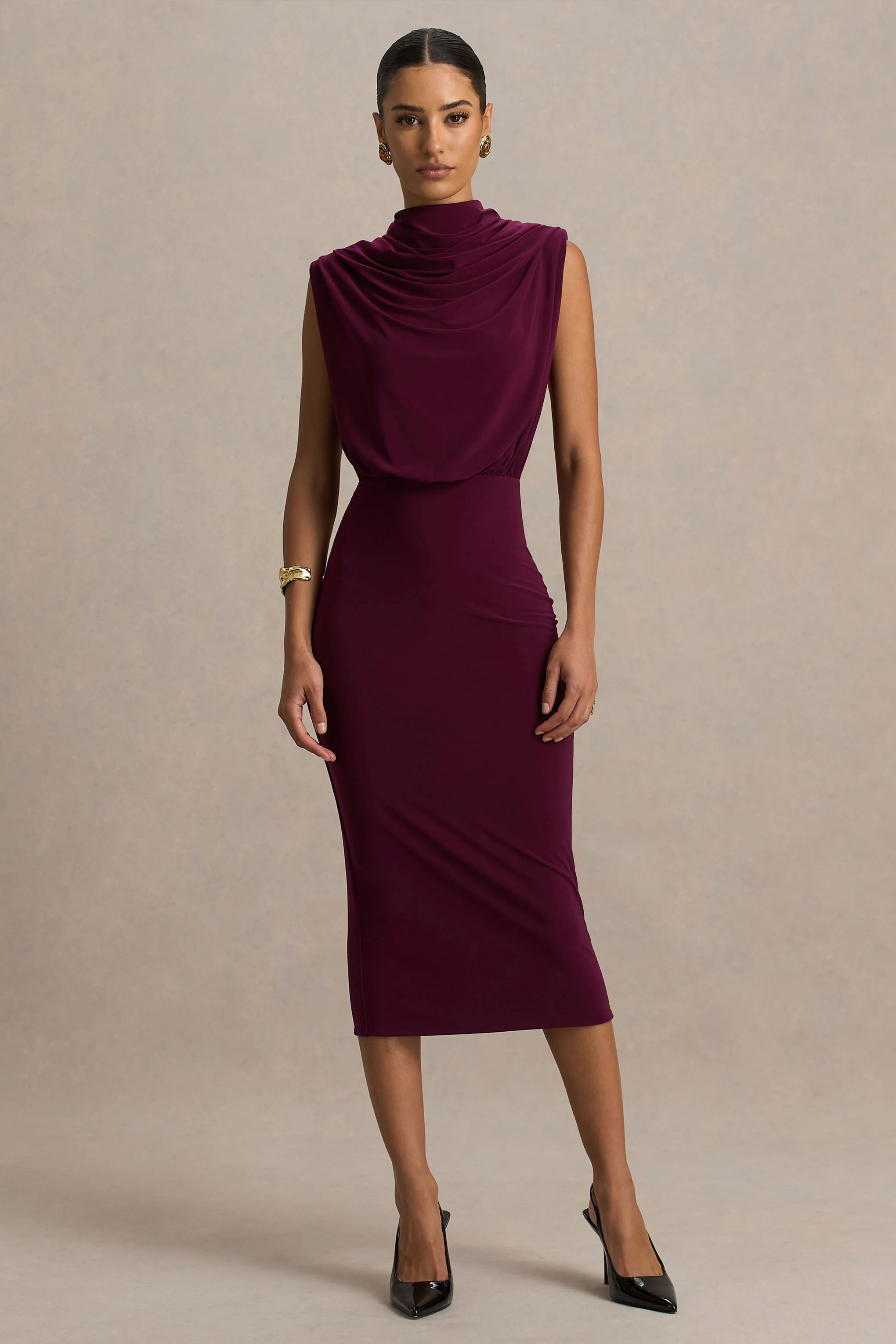 Hermia | Burgundy High-Neck Midi Dress