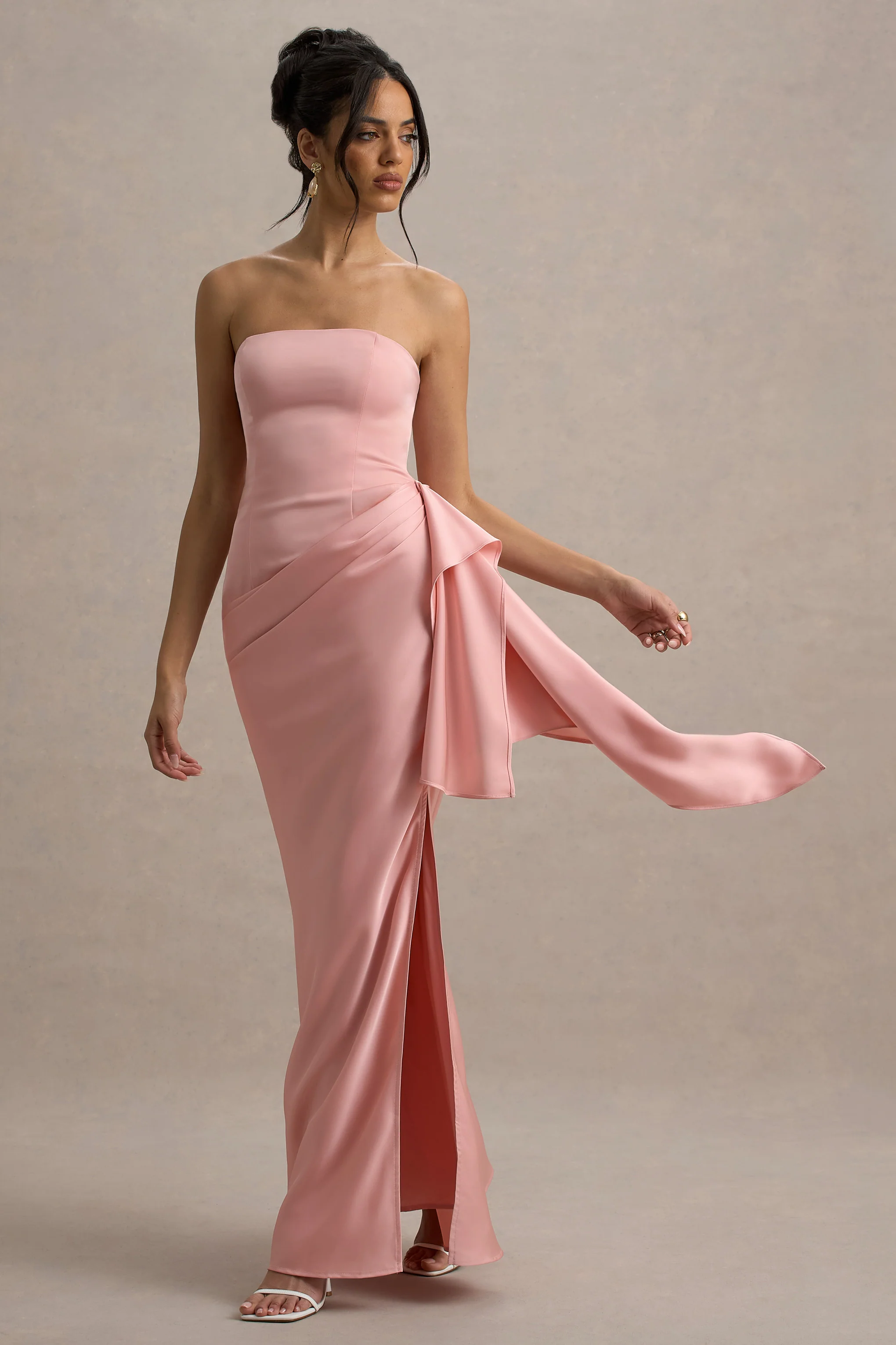 Loz | Light Pink Satin Bandeau Draped Maxi Dress