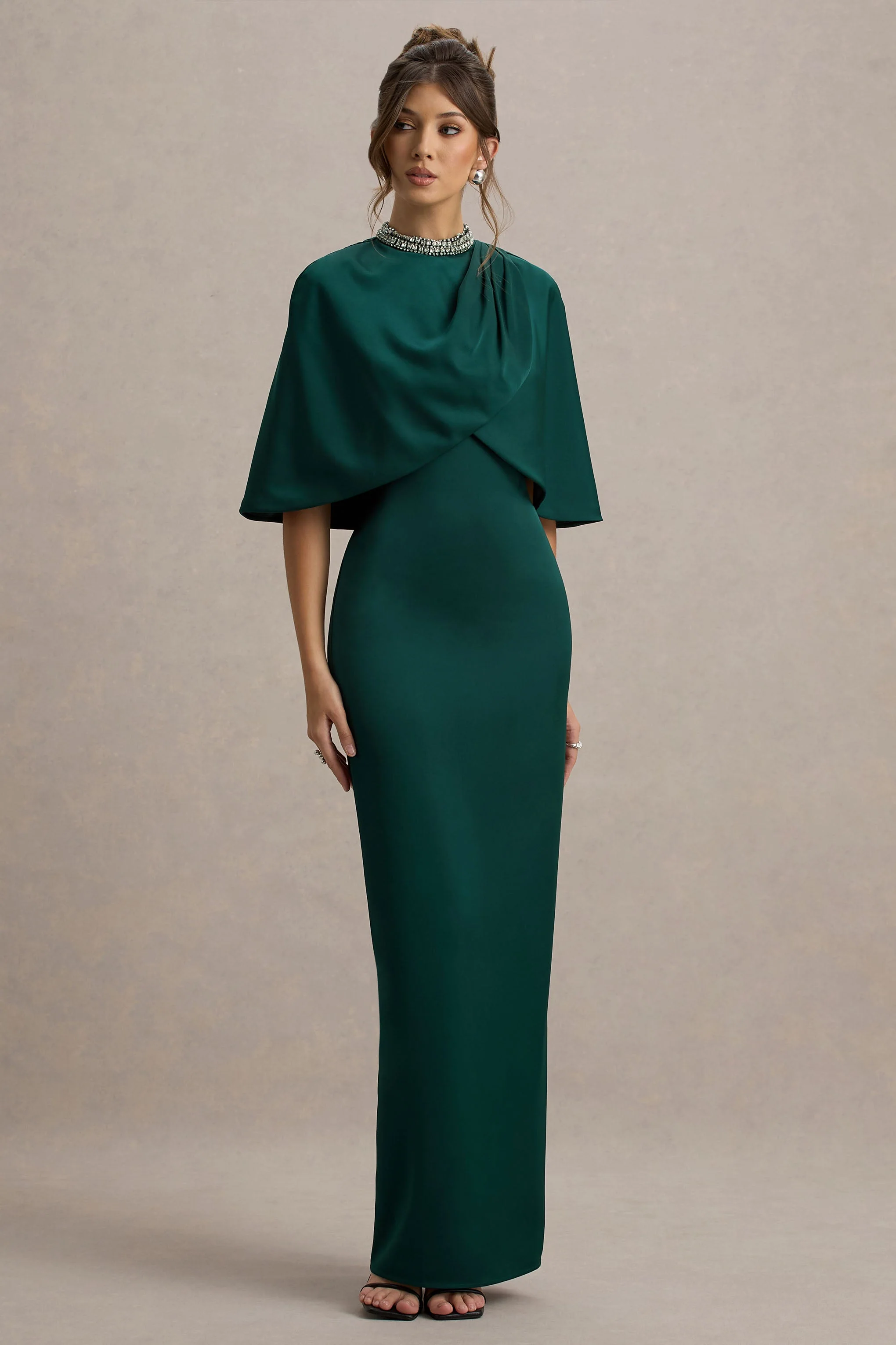 Diletta | Bottle Green Cape Maxi Dress