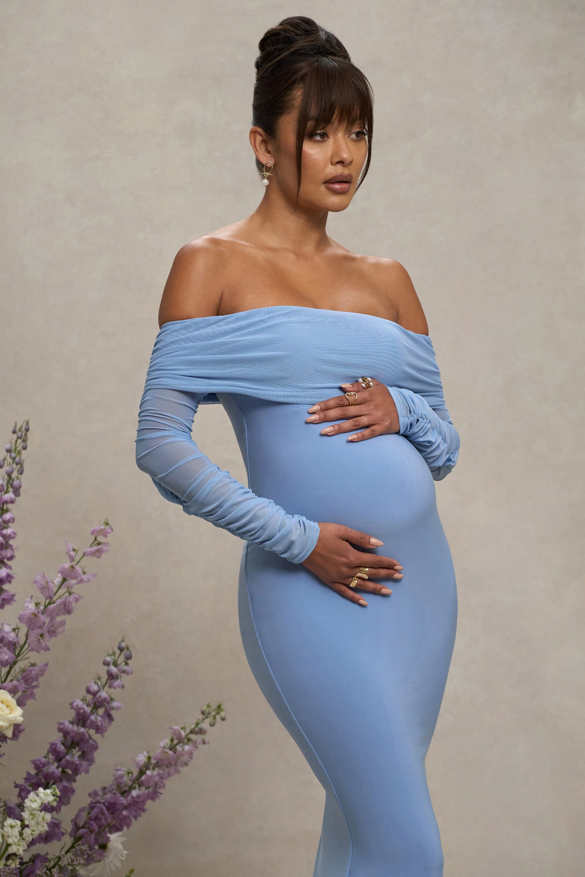 Pretty Perfect | Powder Blue Maternity Ruched Mesh Bardot Maxi Dress