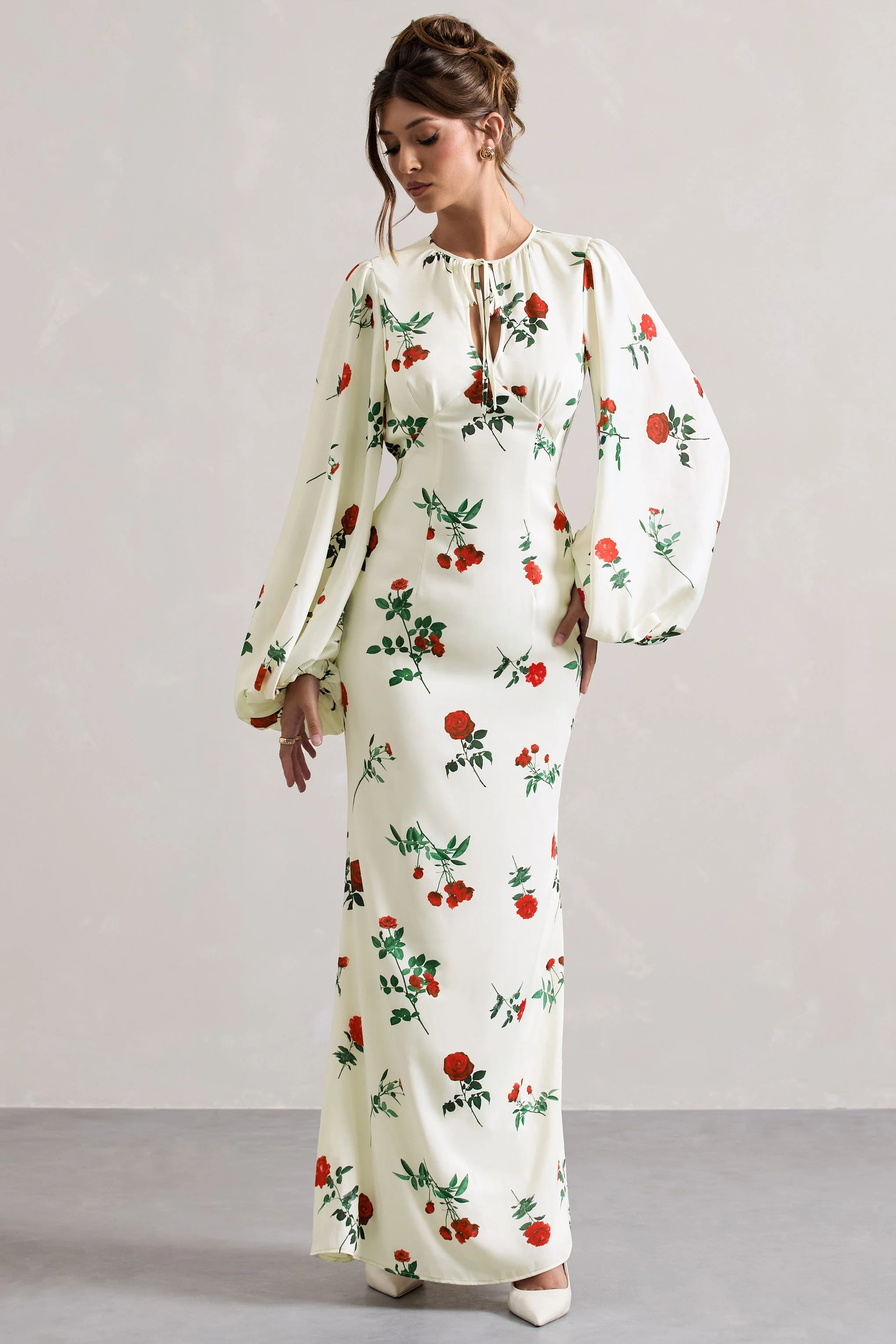 Wild Rose | Rose Print Satin Puff-Sleeve Cut-Out Maxi Dress