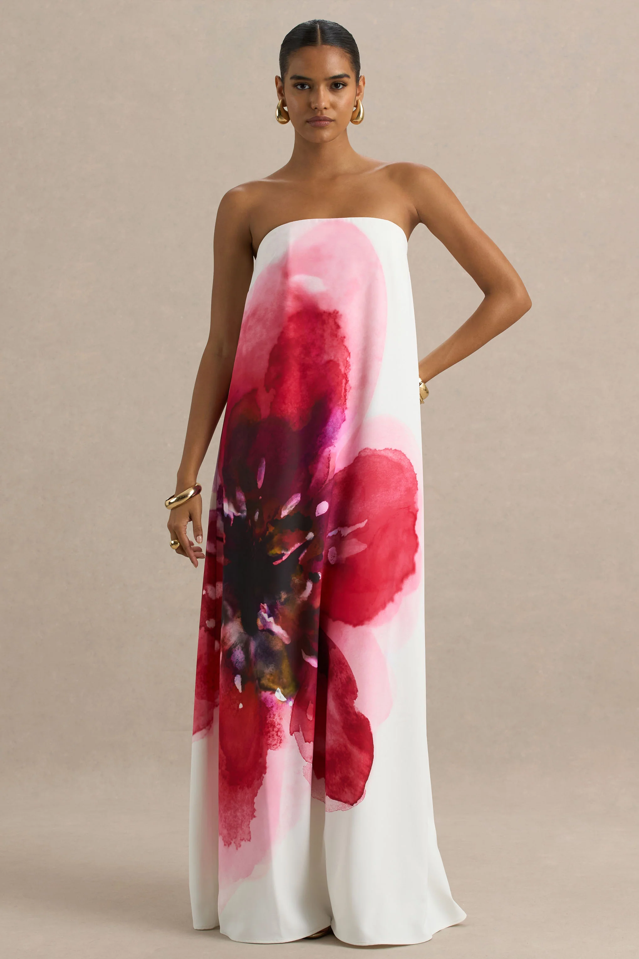 Breonna | Bright Pink Floral Placement Print Bandeau Maxi Dress