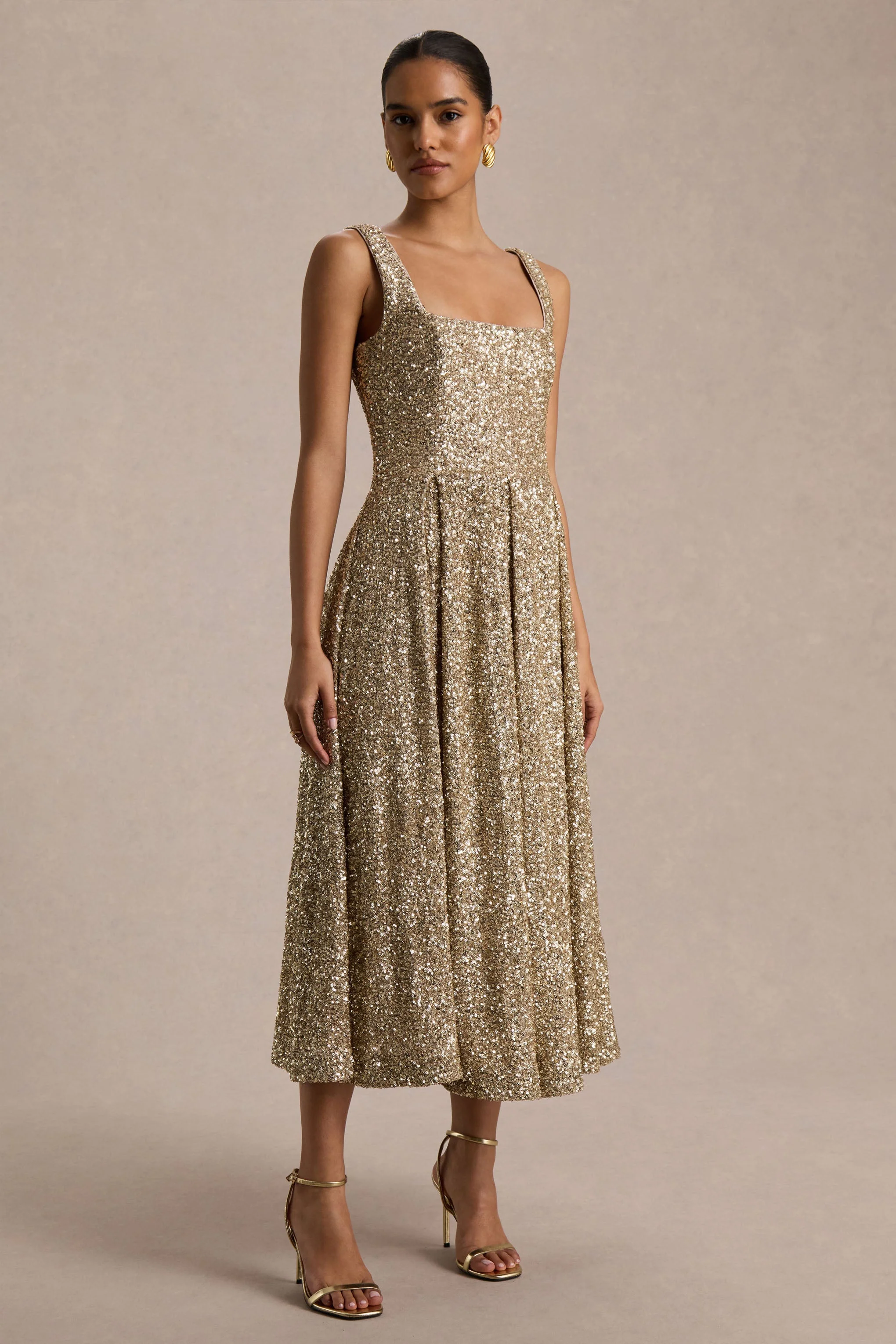 Lima | Champagne Sequin Square-Neck A-Line Midi Dress