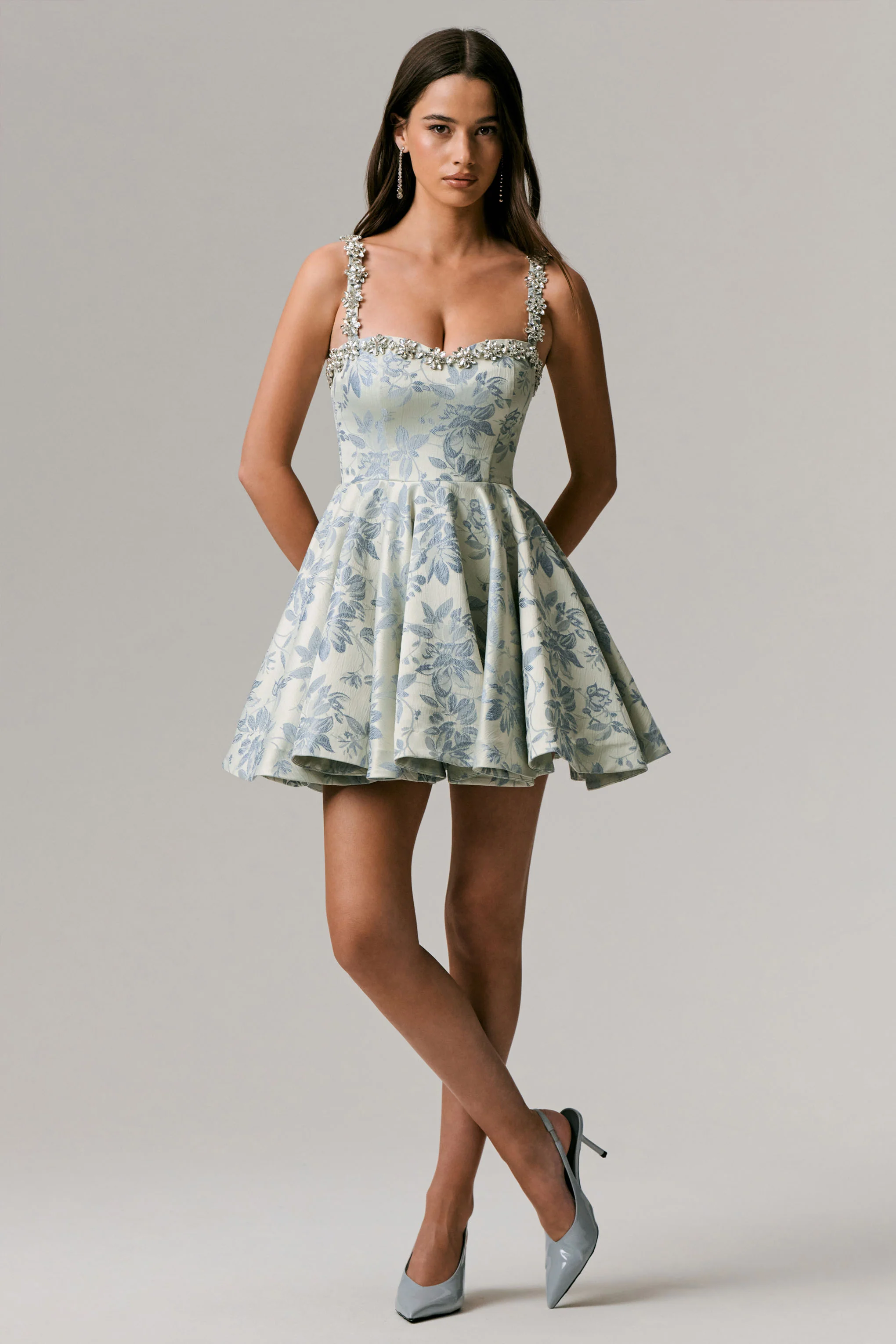 Seashell | Light Blue Jacquard Sweetheart Skater Mini Dress