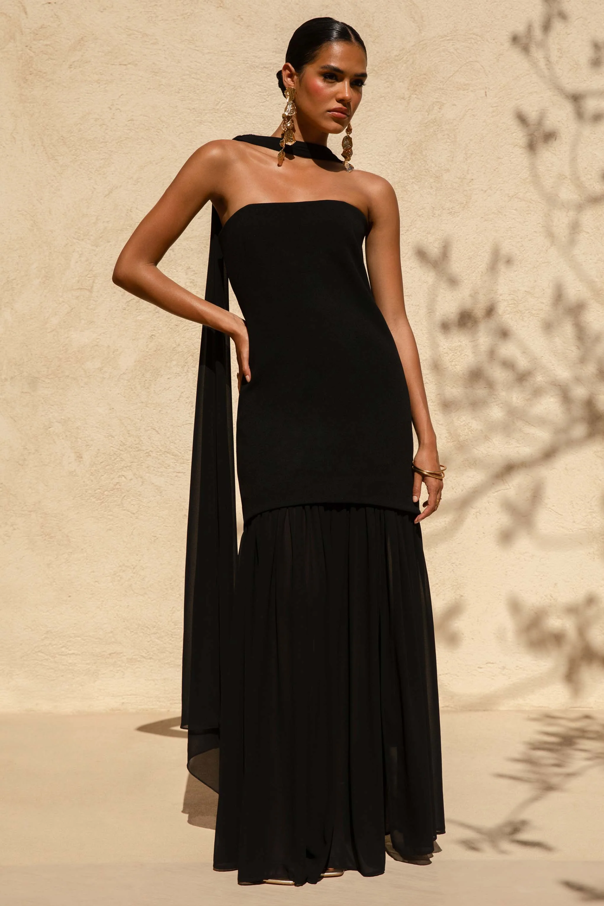 Kylie | Black High-Neck Maxi Dress With Chiffon Skirt