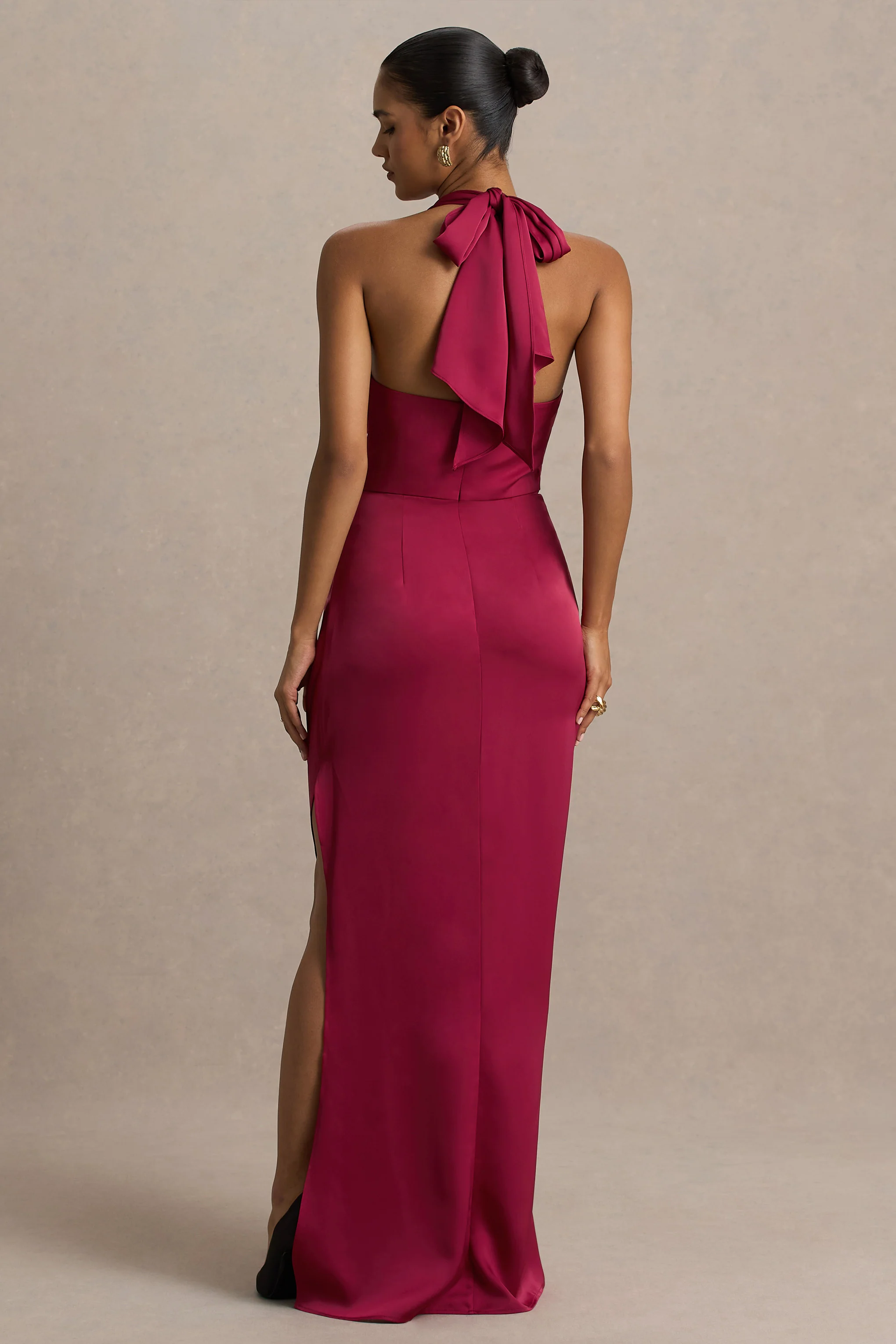 Lynette | Burgundy Satin Plunge-Neck Asymmetric Maxi Dress