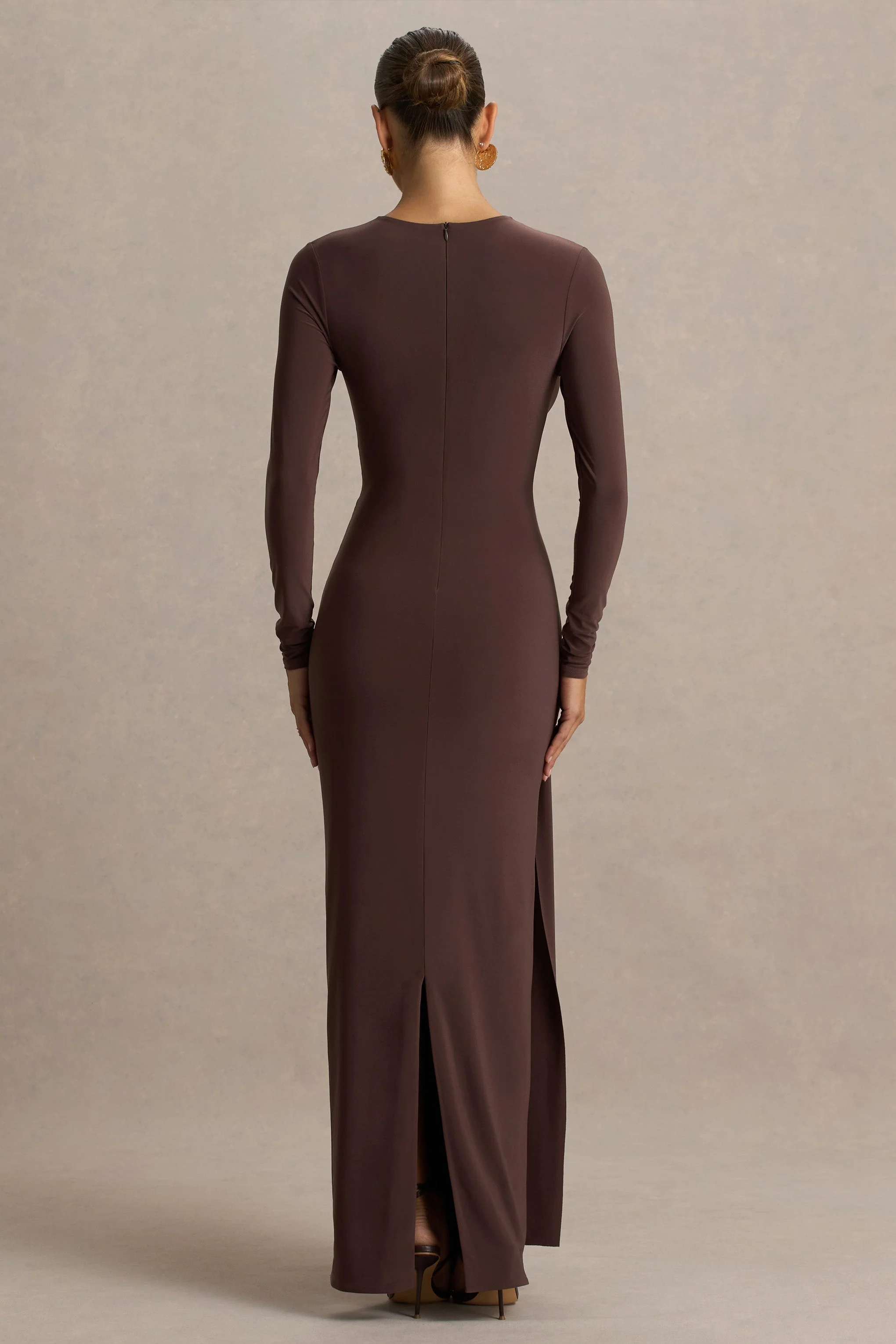 Virelle | Brown Boat-Neck Maxi Dress With Wrap Detail And Sash