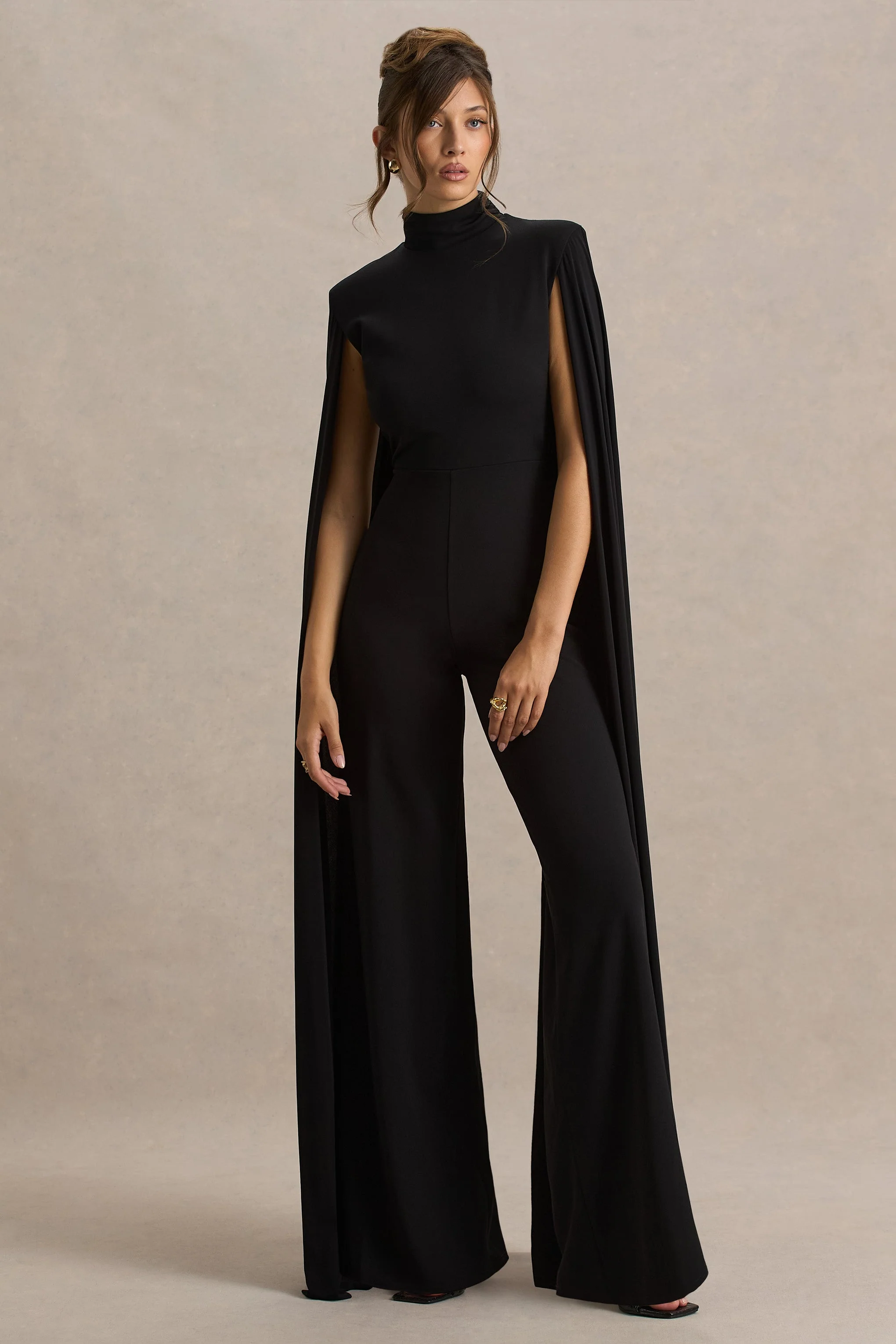 Dulcet | Black High-Neck Jumpsuit With Cape Sleeves