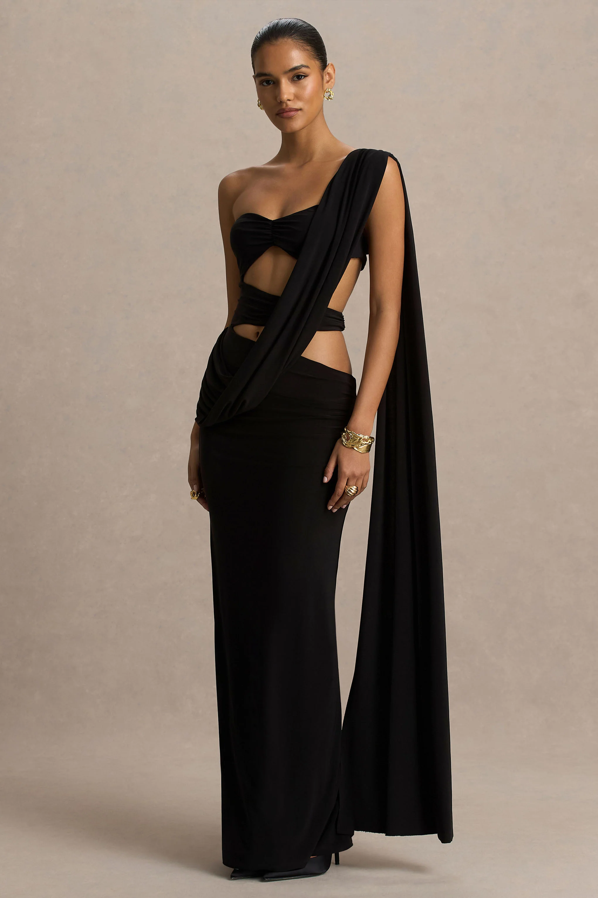 Nebula | Black Bandeau Maxi Dress With Body Cut-Out Details