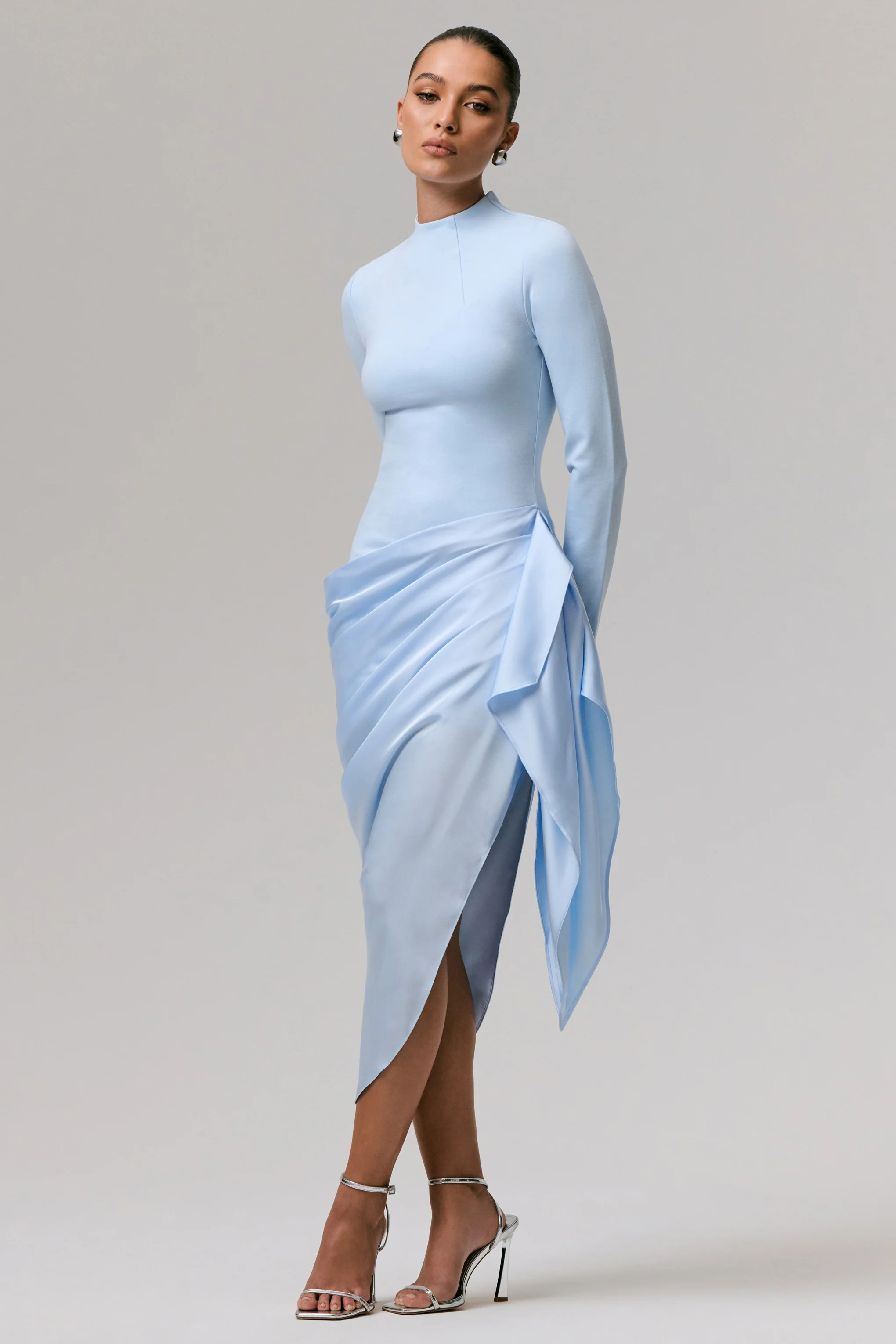 Raffie | Powder Blue Long-Sleeve Midi Dress With Satin Wrap Skirt
