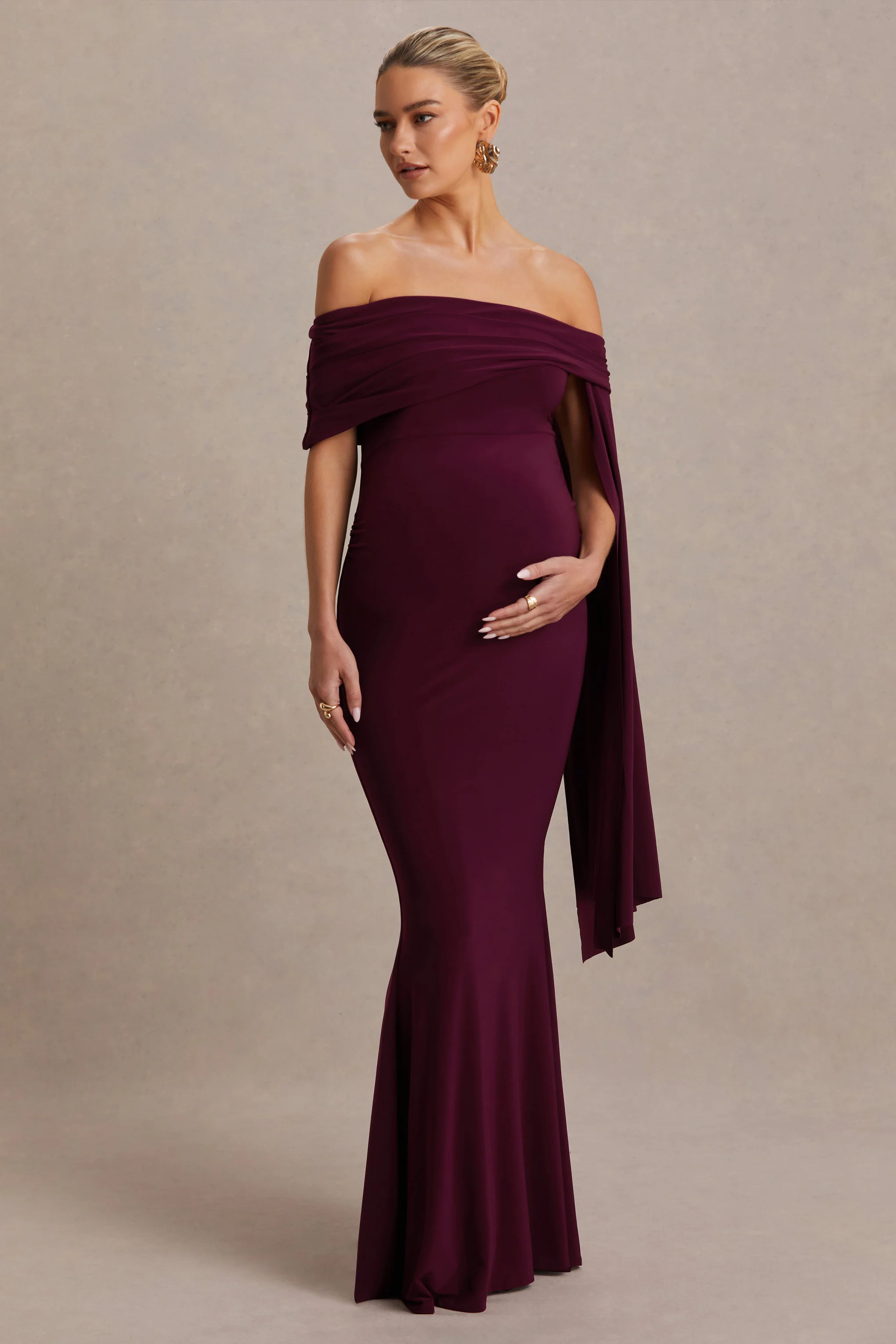 Aquila |  Burgundy Bardot Maternity Maxi Dress With Drape Sleeve