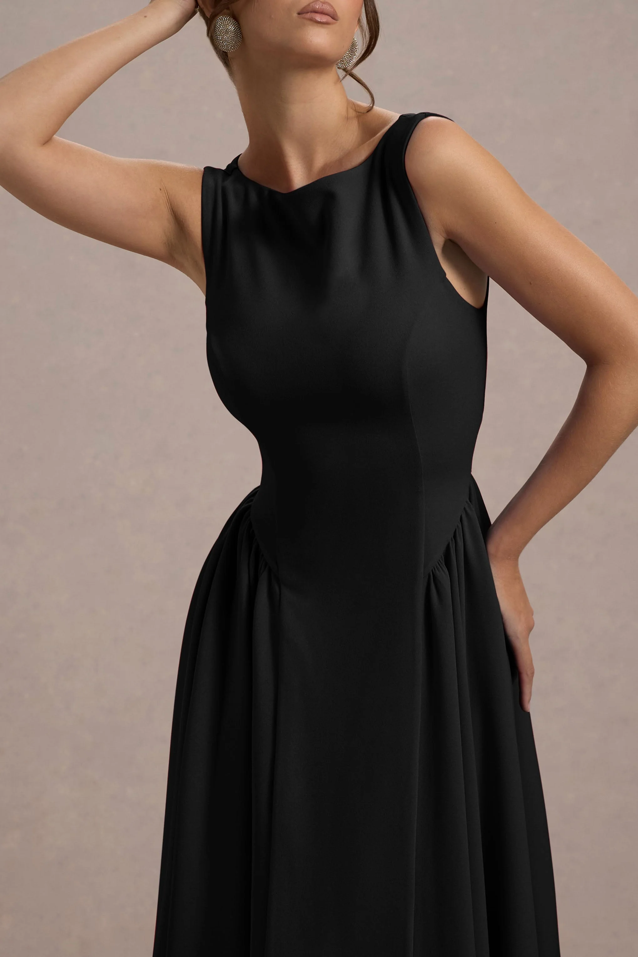 Muriel | Black Boat-Neck Volume-Hem Midi Dress