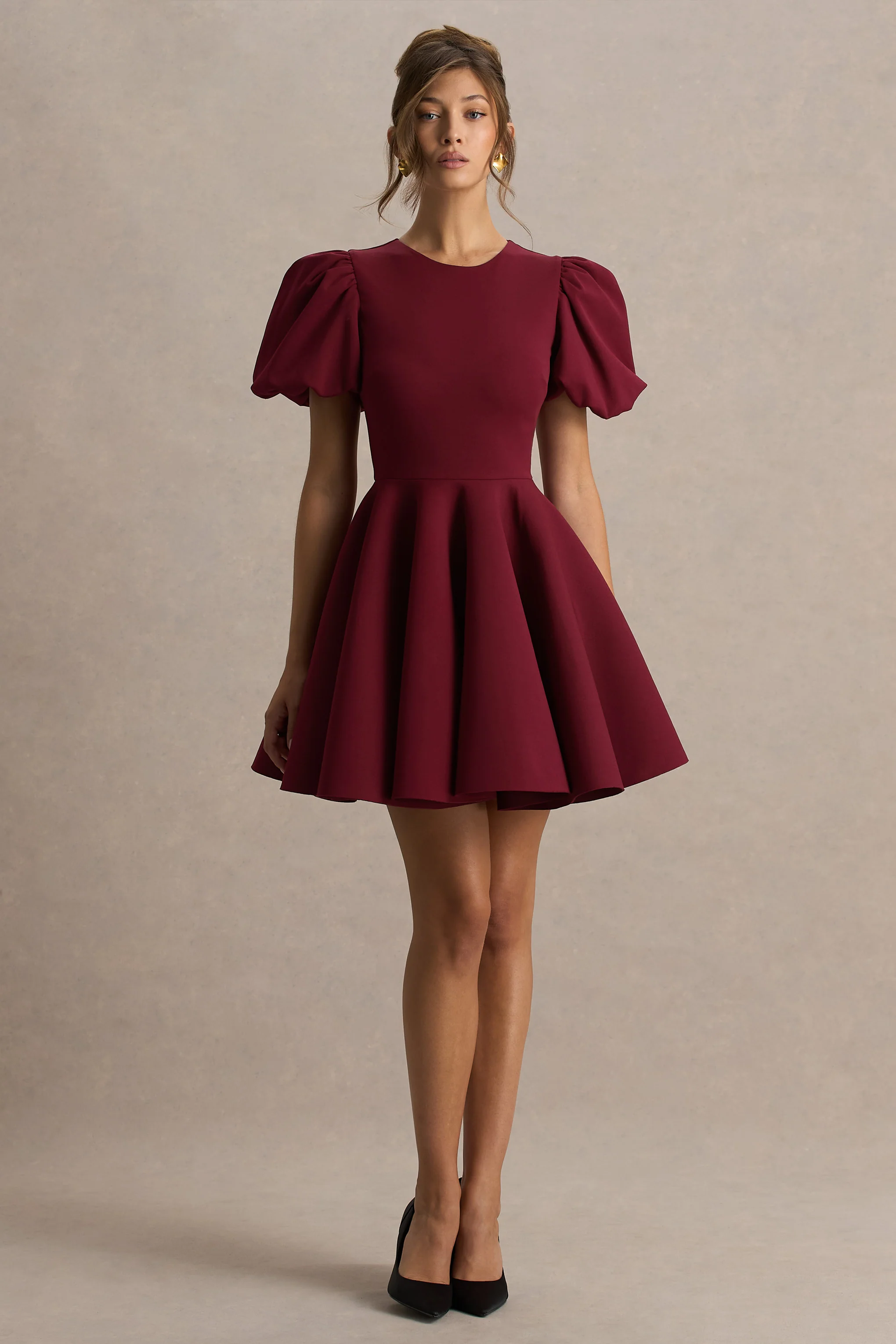 Emelia | Burgundy Puff-Sleeve Skater Mini Dress