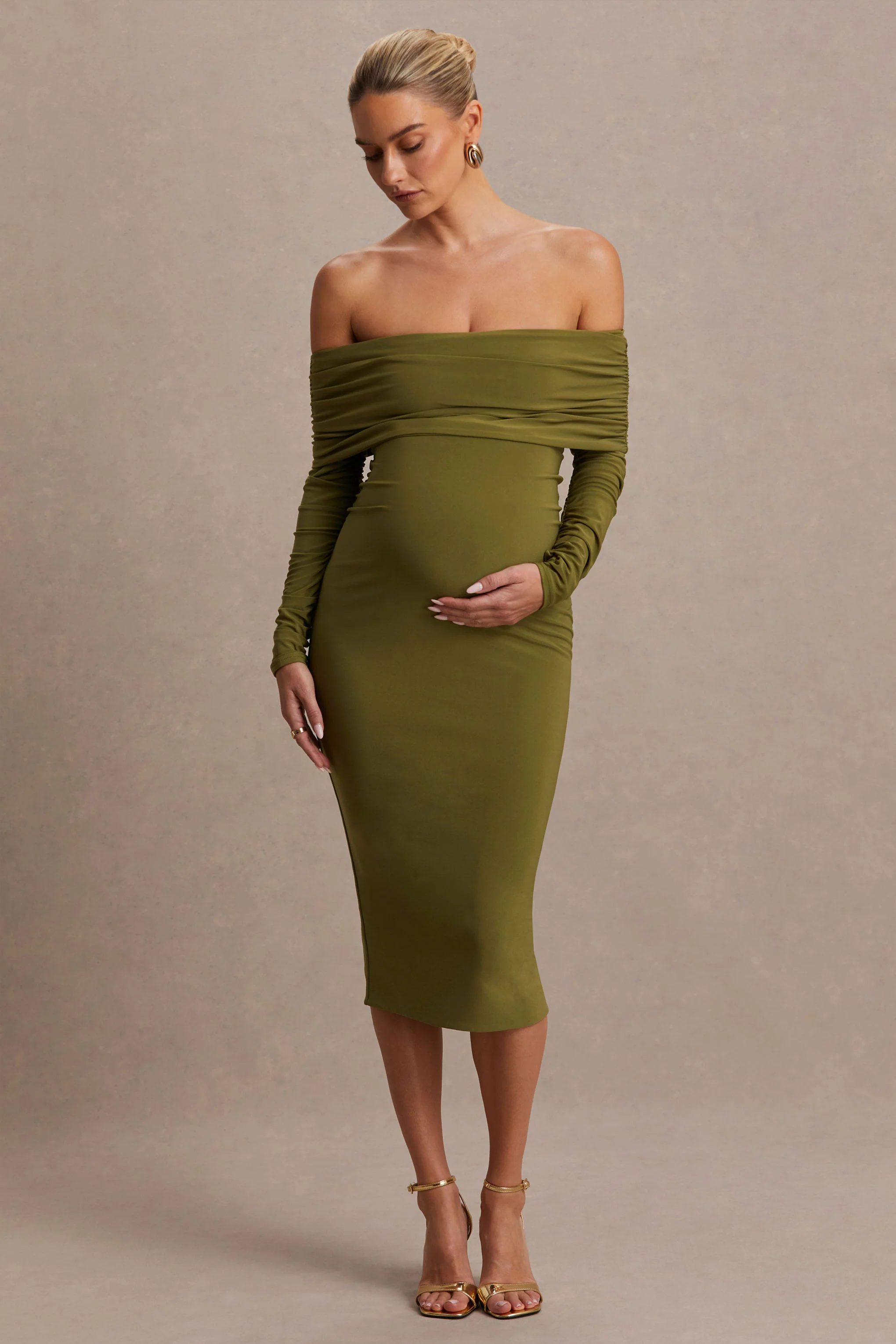 Elspeth | Olive Bardot-Neck Maternity Midi Dress