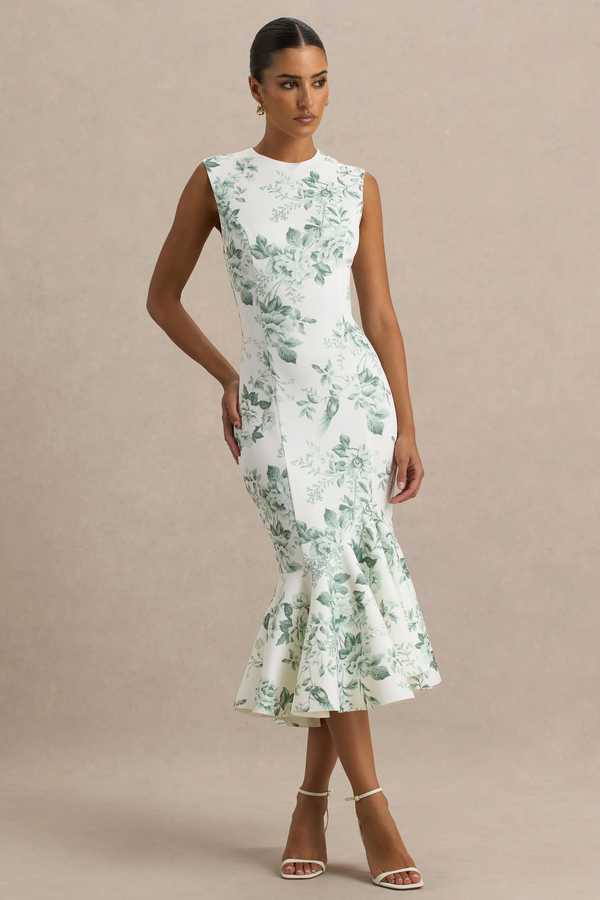 Priceless | Green Porcelain Print Print High-Neck Fishtail Midi Dress
