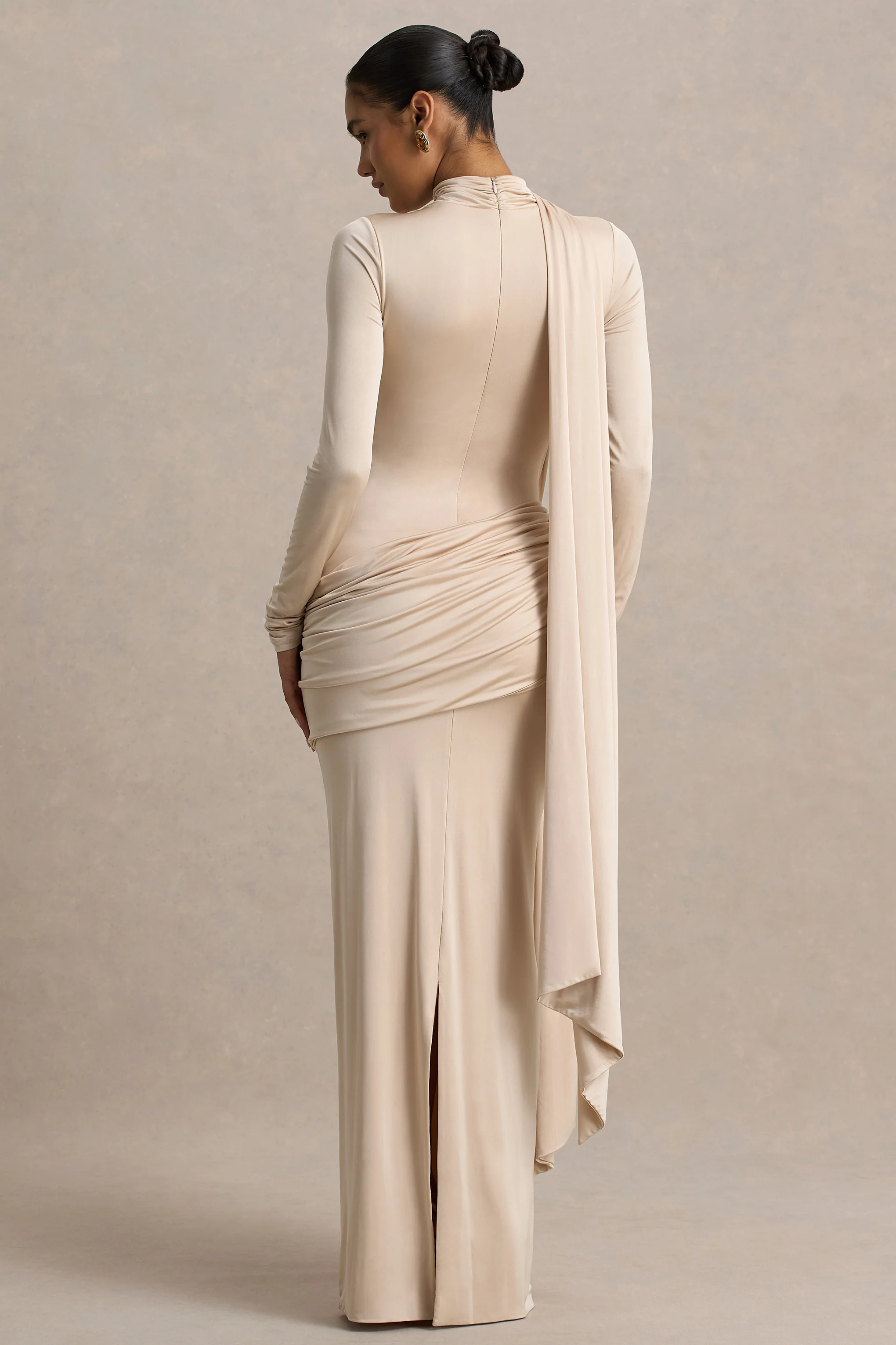 Romi | Champagne High-Neck Maxi Dress With Ruched Detailing