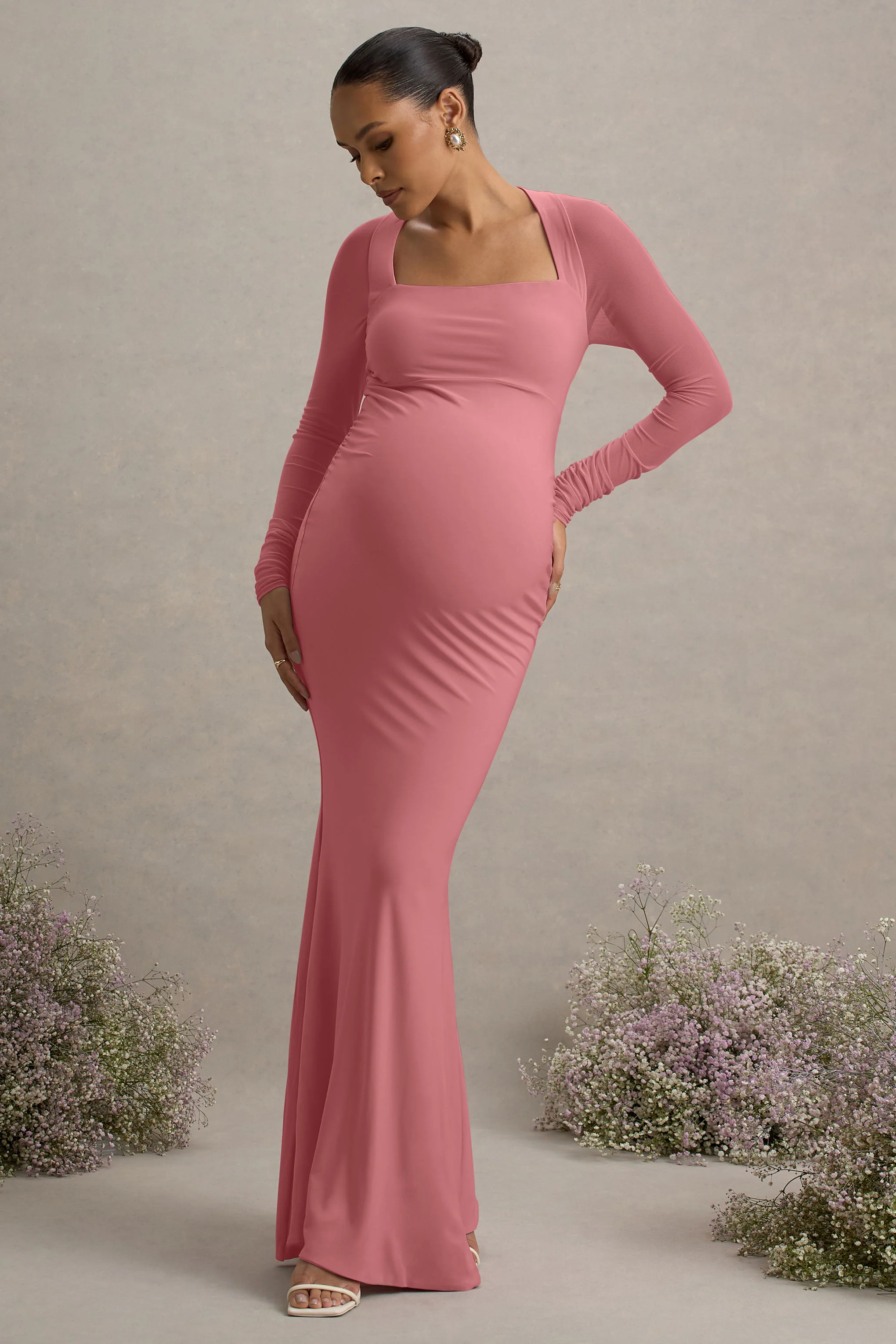 Abeam | Blush Pink Maternity Maxi Dress With Sheer Sleeves