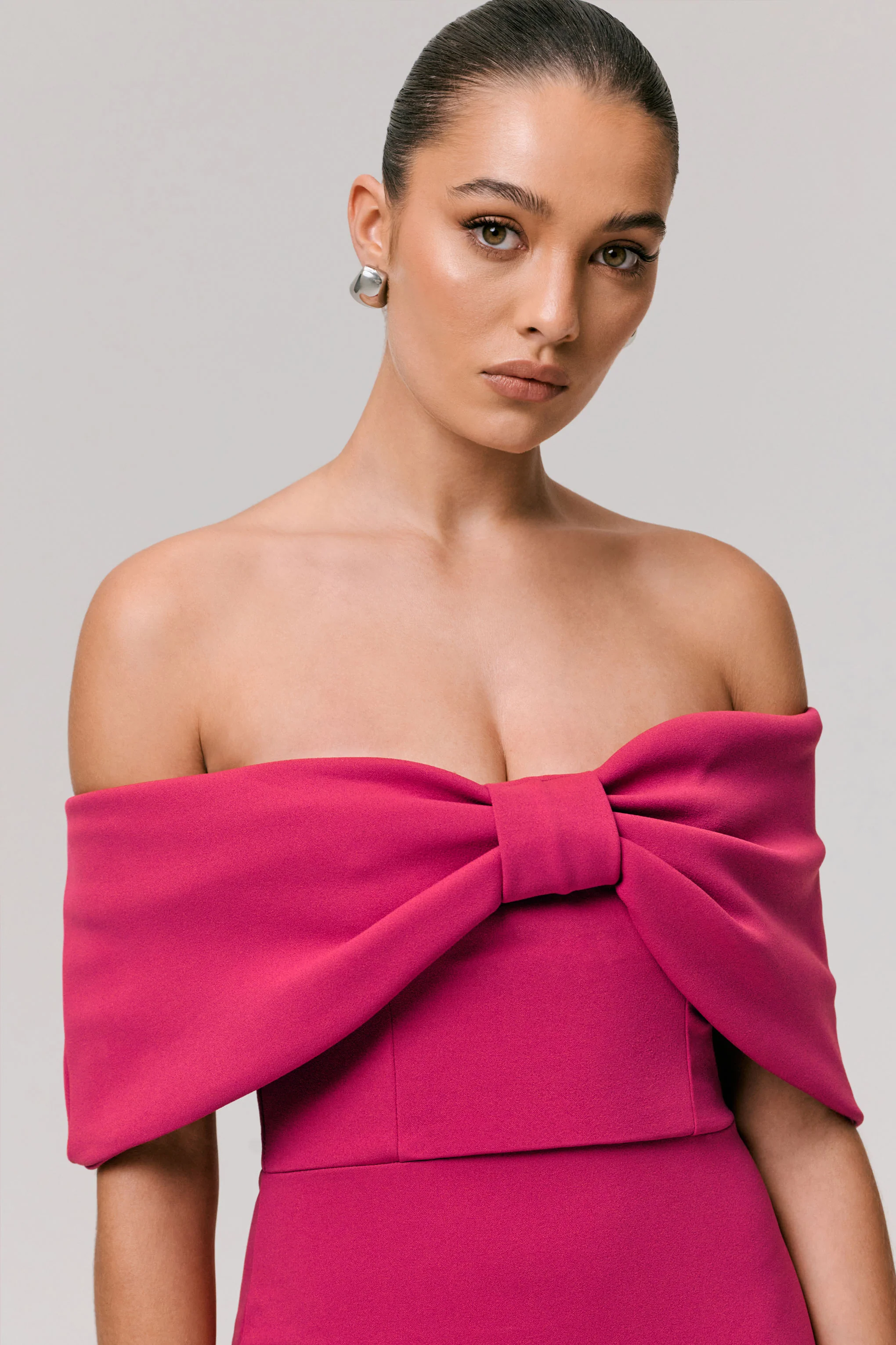 Sadie | Hot Pink Bow Bardot Mini Dress