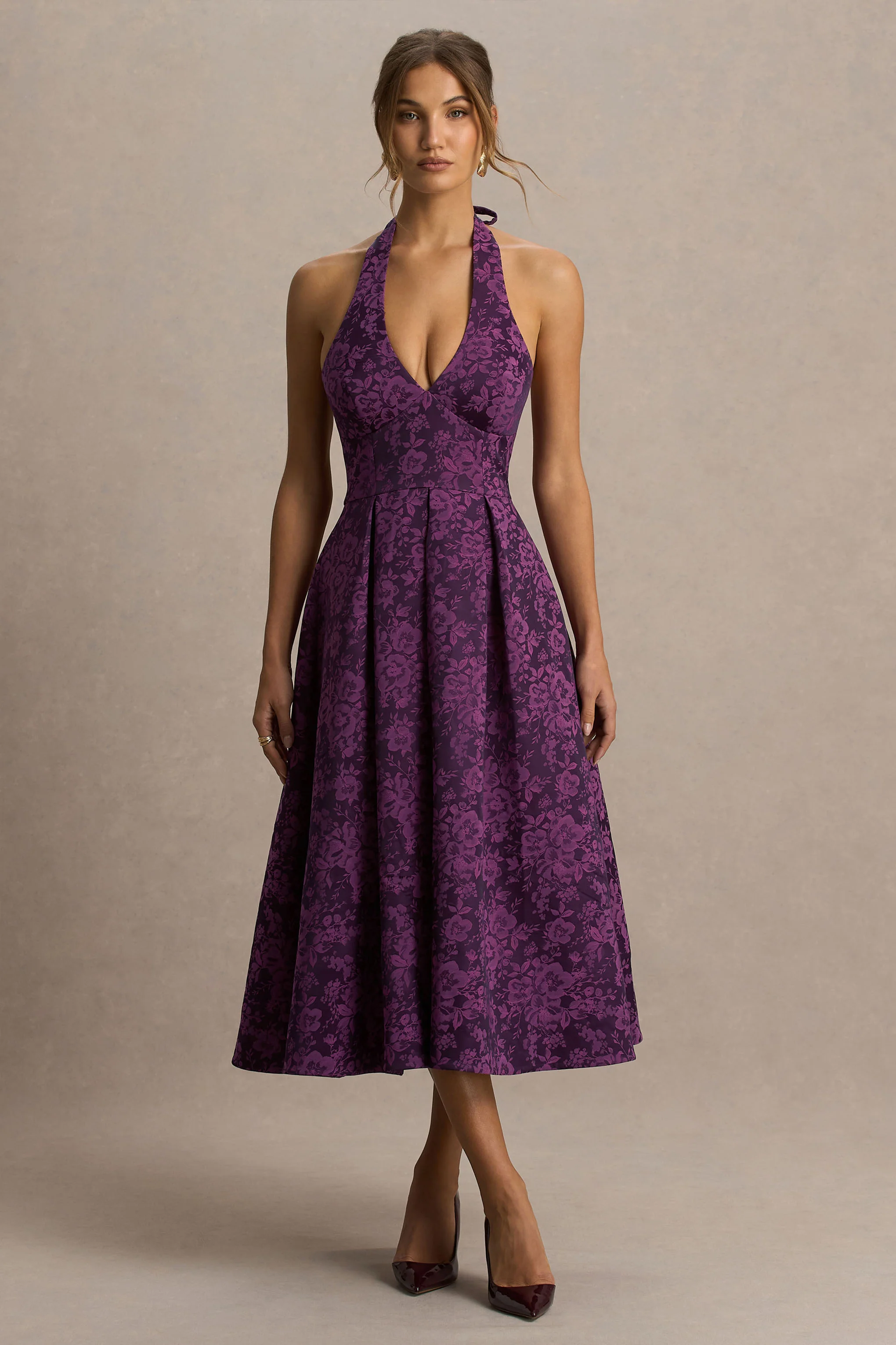 Isabeau | Burgundy Satin Plunge-Neck Midi Dress