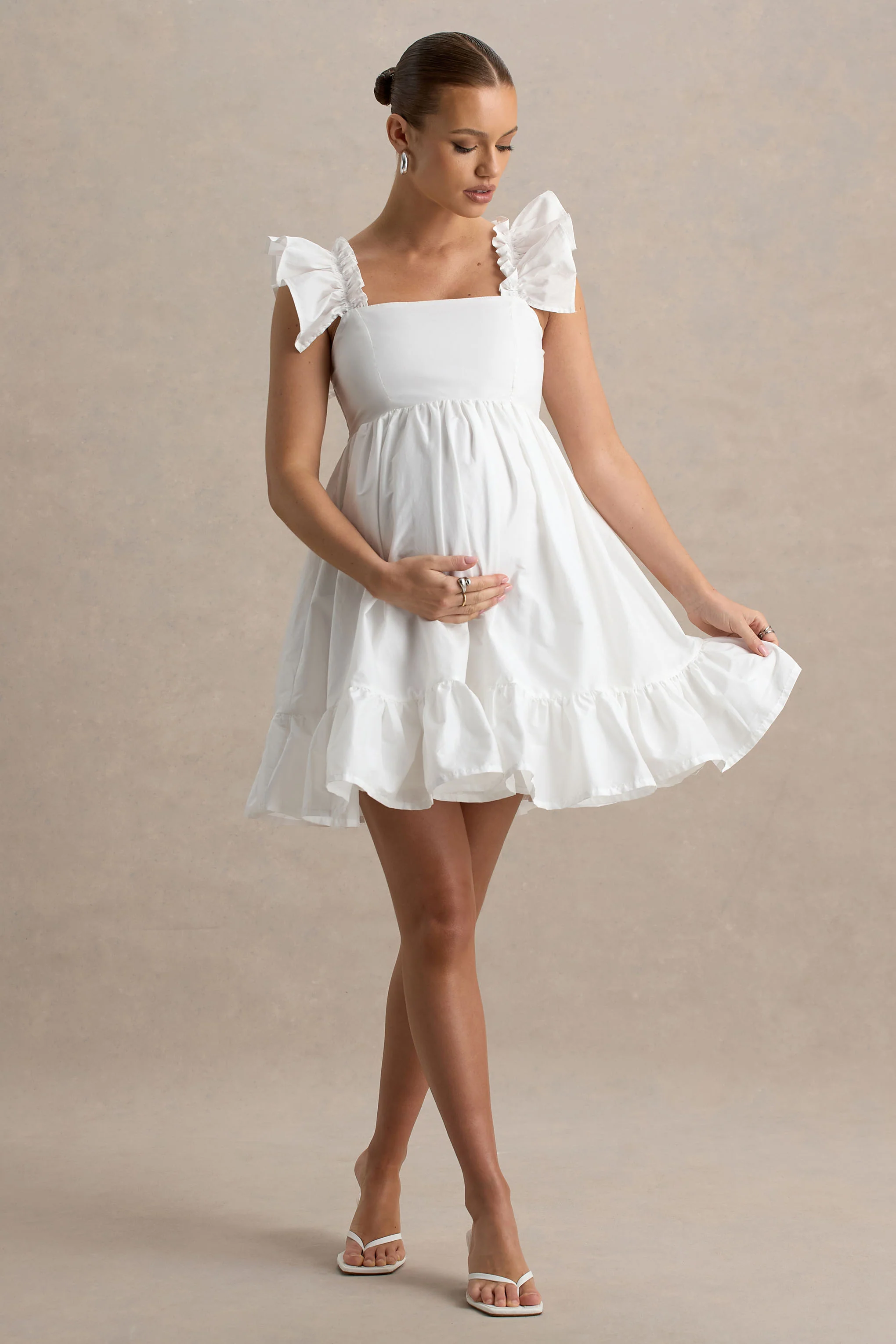 Dolly Daze | White Ruffle Sleeve Babydoll Maternity Mini Dress