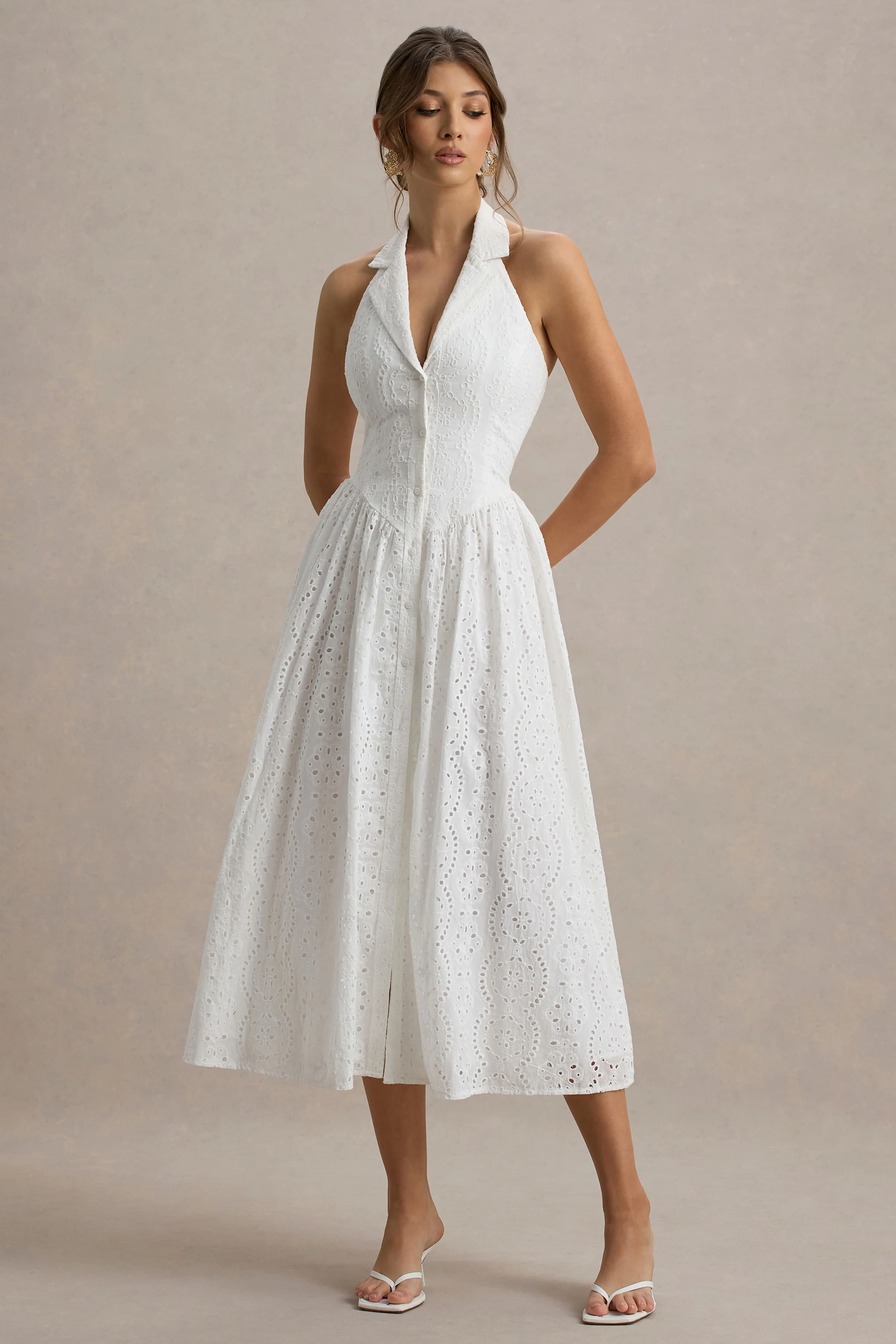 Jezebel | White Lace Plunge-Neck Collared Midi Dress