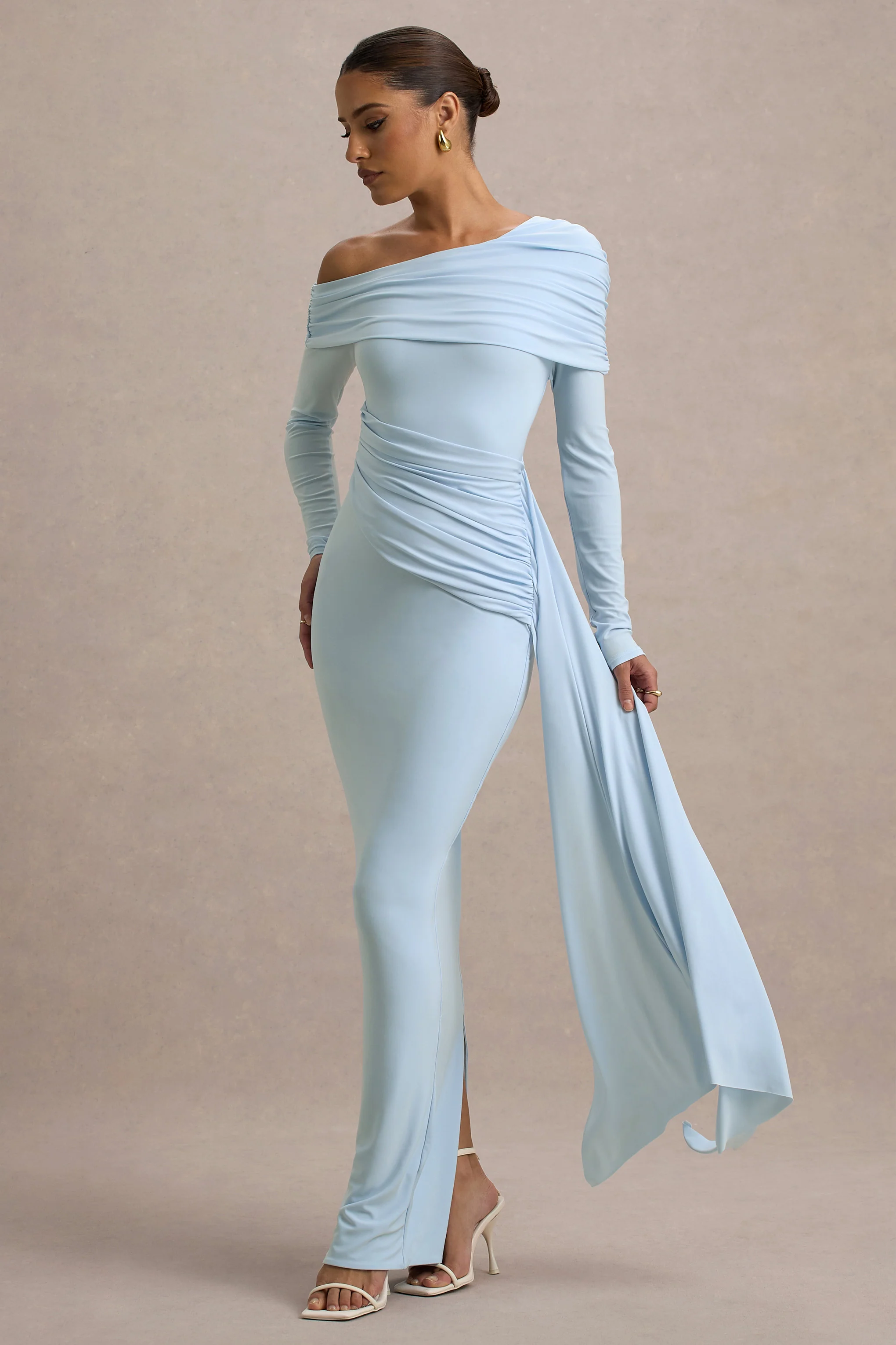 Valina | Powder Blue Ruched Asymmetric Maxi Dress With Drape