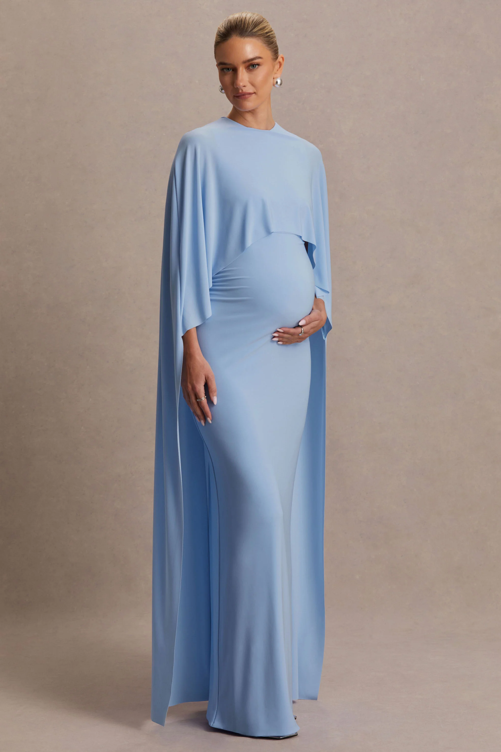 Padma | Powder Blue Draped Maternity Maxi Dress With Cape Sleeves