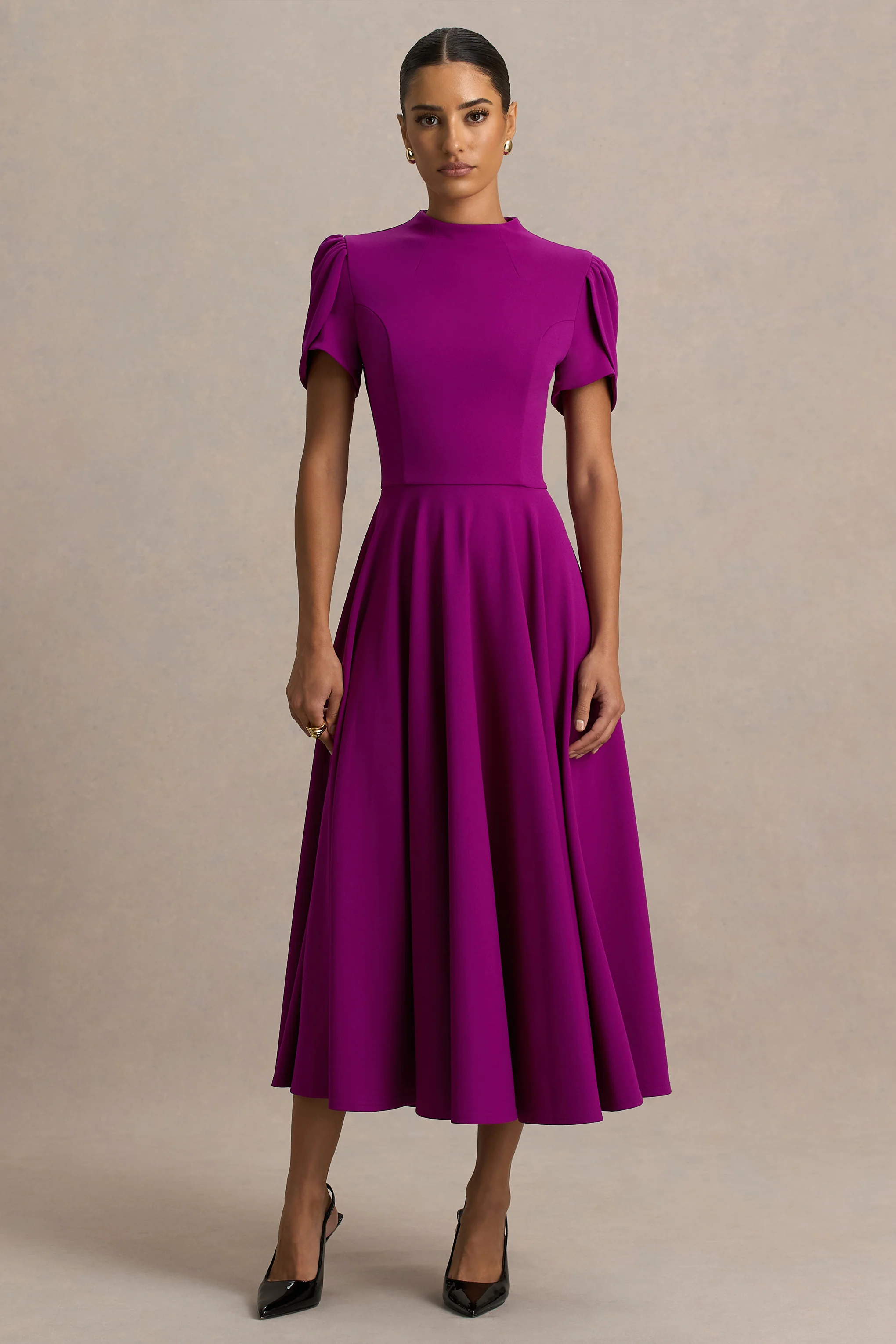 Vicky | Mulberry High Neck Midi Dress With Puff Sleeves
